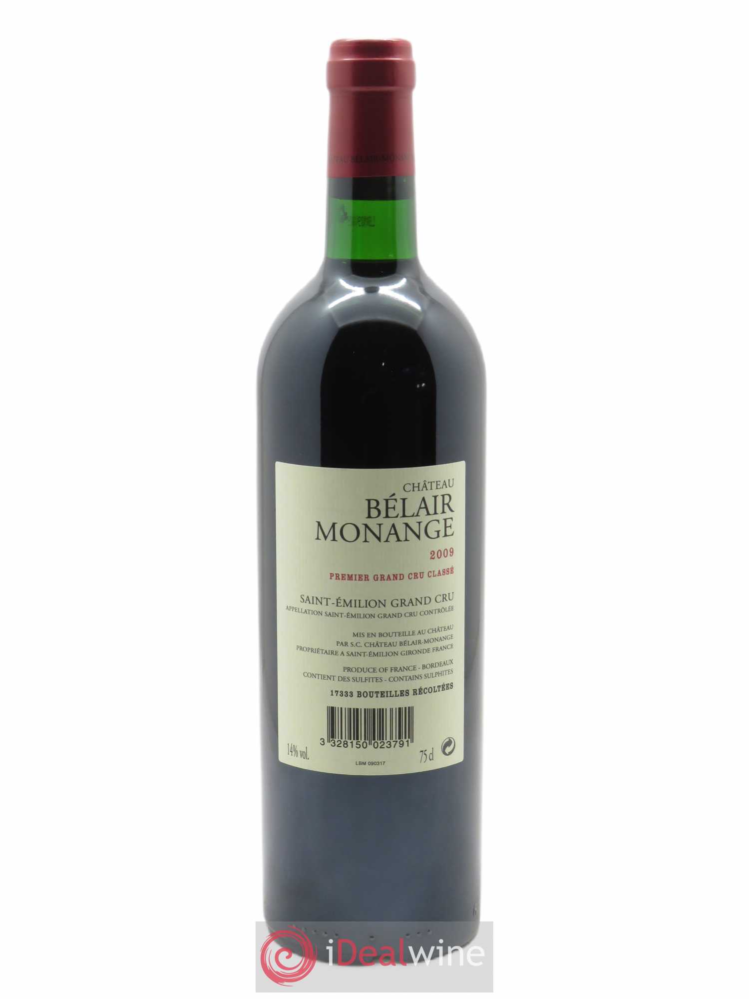 Château Belair (Belair-Monange) 1er Grand Cru Classé B (CBO à partir de 6 BTS) 2009 - Lot de 1 Bouteille