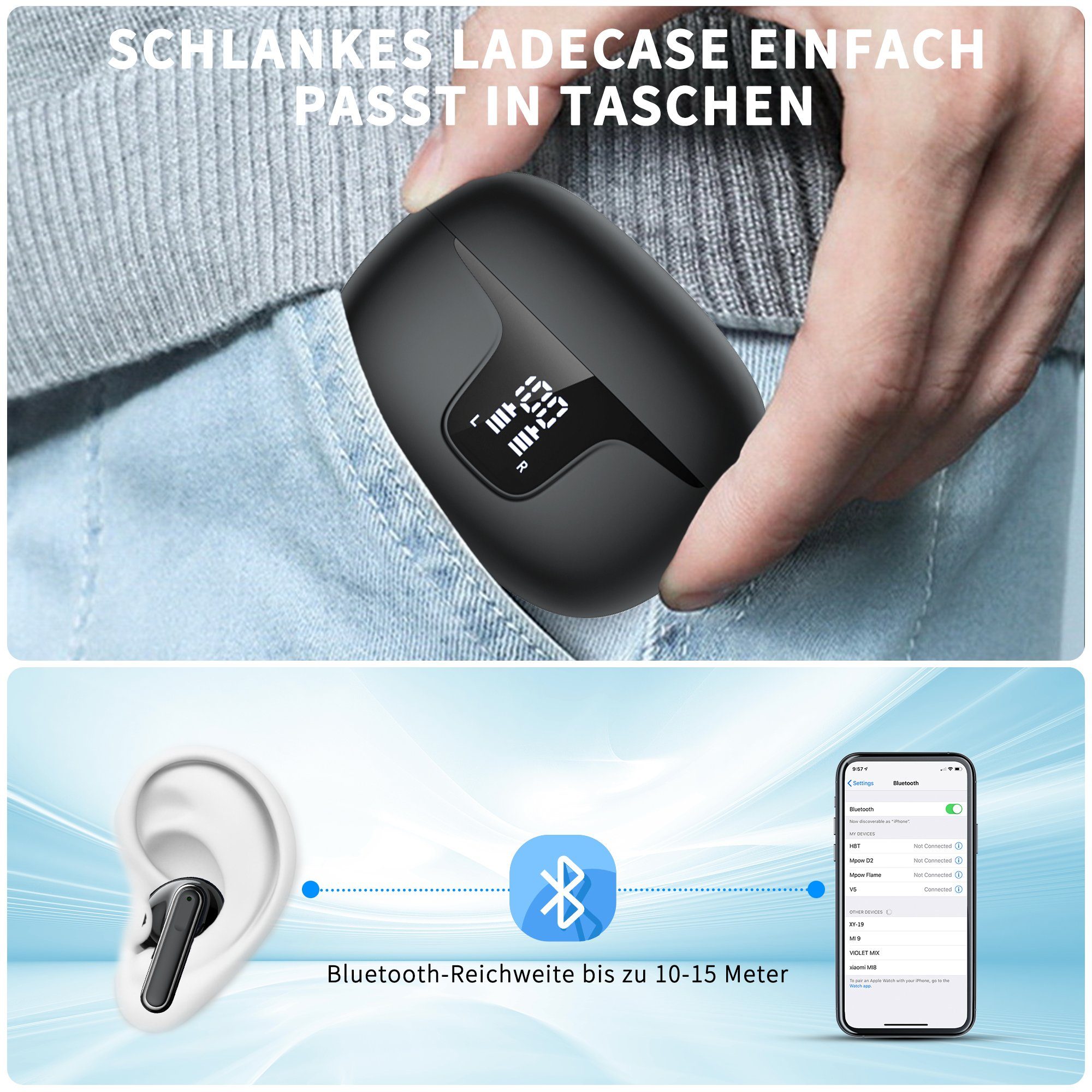 Giecy Bluetooth Kopfhörer, Mikrofon in ear Kopfhörer Kabellos Bluetooth 5.3 In-Ear-Kopfhörer (Voice Assistant, Siri, Bluetooth, Rauschunterdrückung, Touch Control, ENC Mikrofon, LED Anzeige kopfhörer, Wireless Headphones, Ohrhörer Bluetooth)