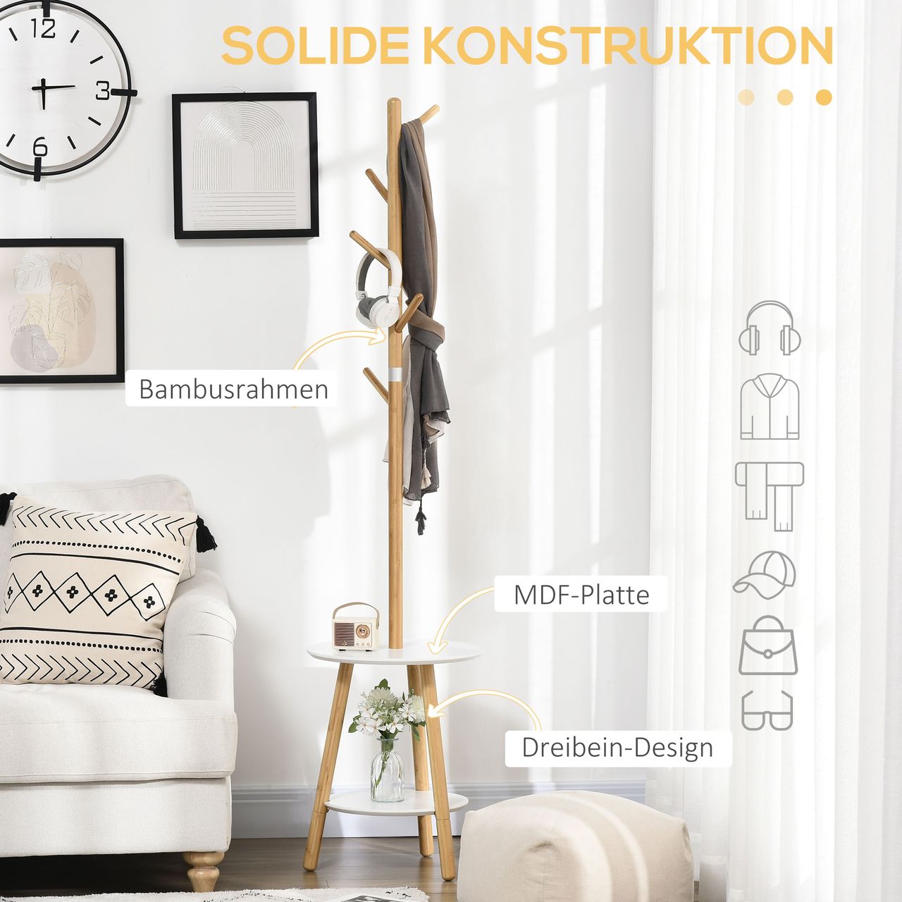 HOMCOM Garderobenständer, 171 cm Kleiderständer mit 5 Haken, Beistelltisch
