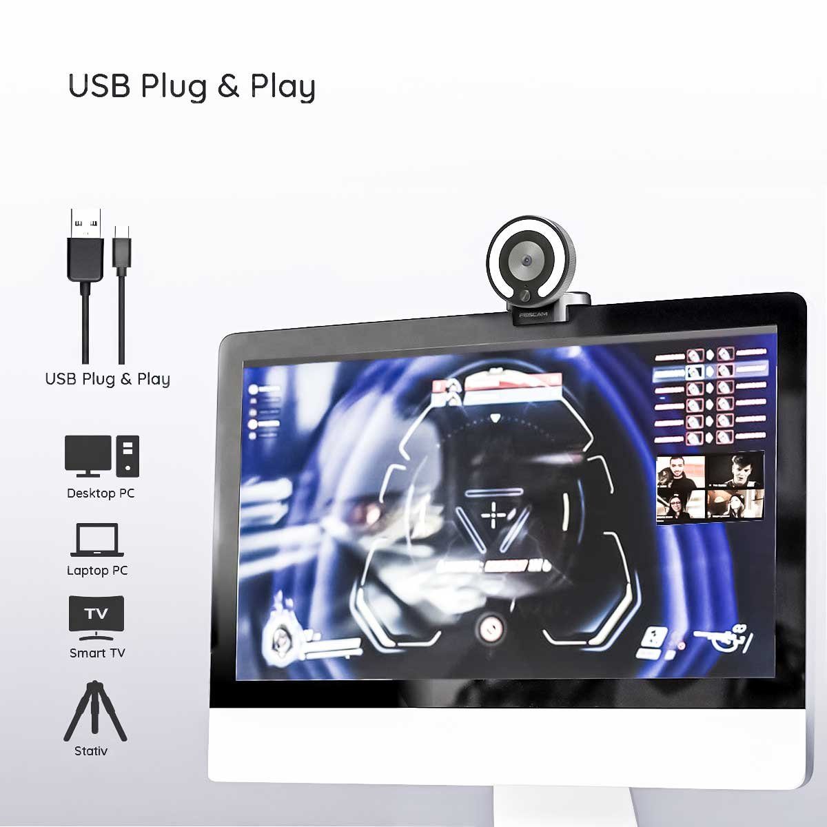 Foscam W28 Full HD-Webcam (Autofokus, Helligkeitseinstellung, Integriertes Mikrofon, Plug and Play)