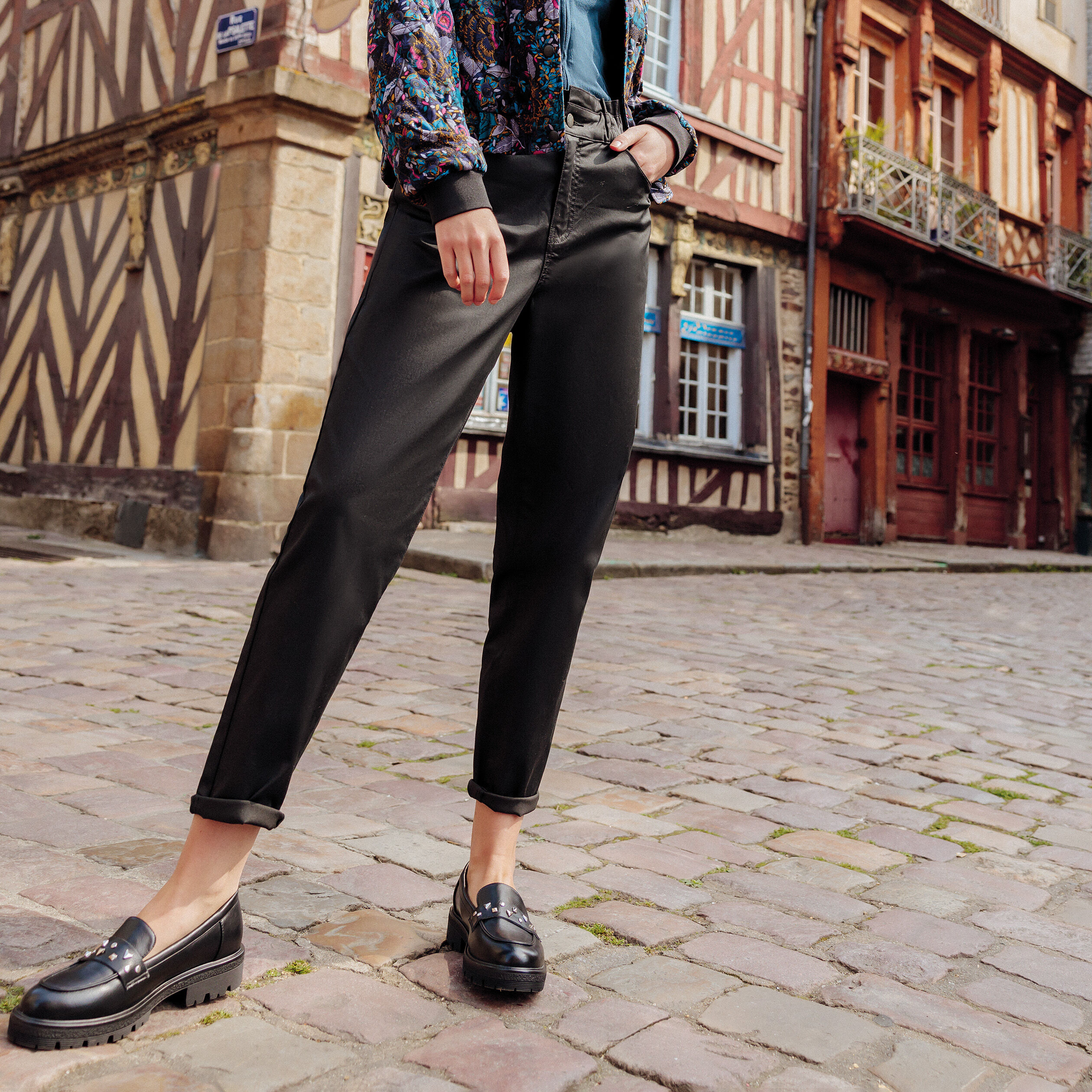 Pantalon mom enduit denim noir enduit femme | Cache Cache