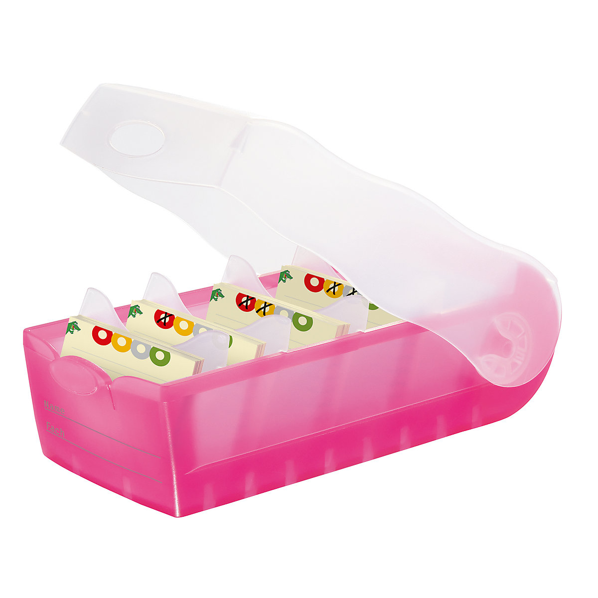 Karteibox CROCO DIN A8 quer mit 5 Stützplatten und 100 Karten, transluzent-pink