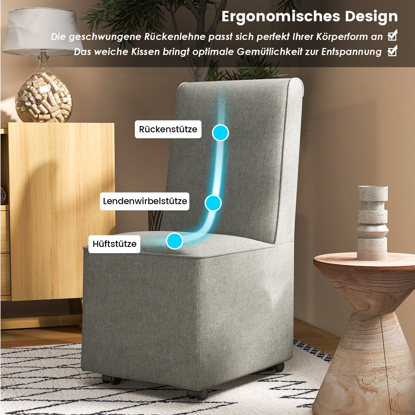 COSTWAY Polsterstuhl, mit Rollen & abnehmbarem Bezug, 47x60,5x98cm, grau