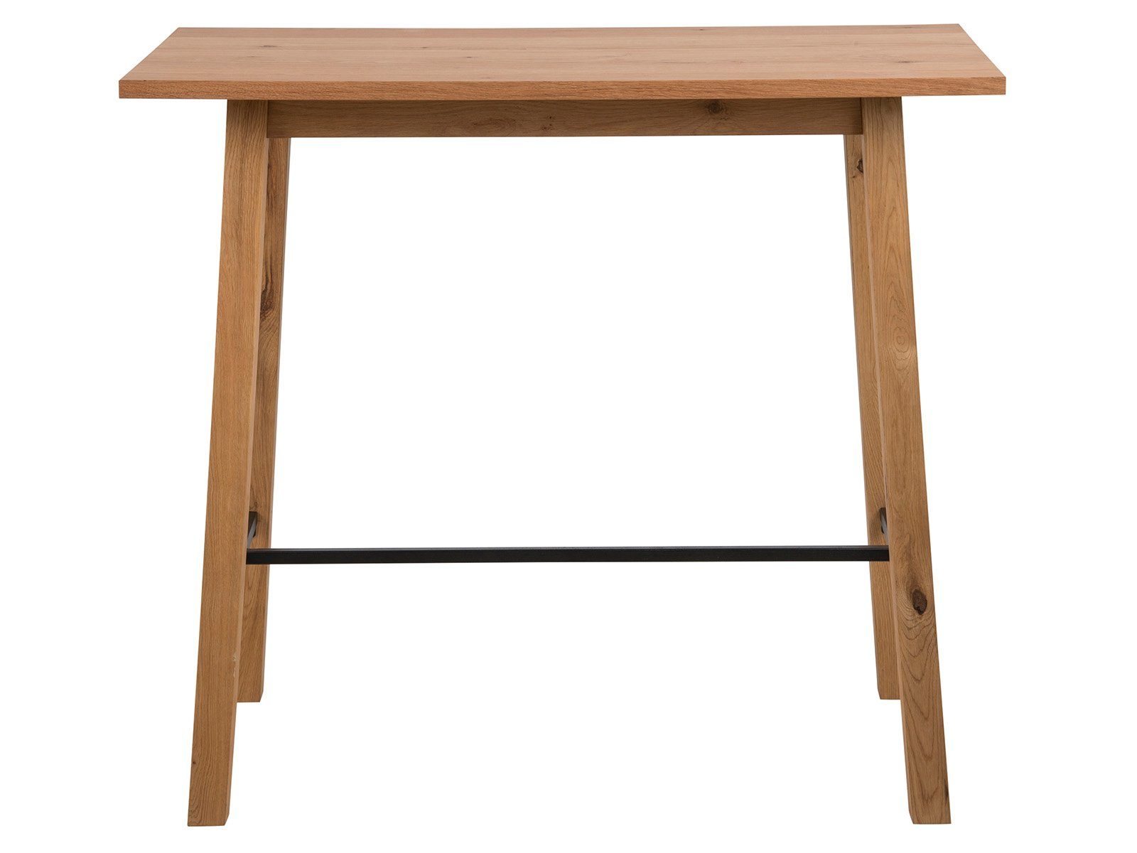 möbelando Bartisch Chalisa, Moderner Bartisch, Platte aus Teilmassivholz, Gestell aus Spanplatte, beides in Furnier Wildeiche, Querstrebe aus Metall in schwarz. Breite 117 cm, Höhe 105 cm, Tiefe 58 cm