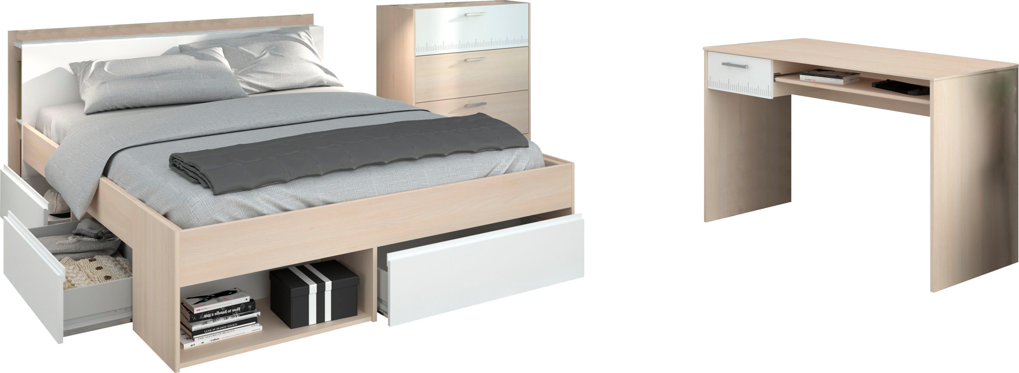 Parisot Jugendzimmer-Set Most, (Set, 3-St., Bett mit Schubkästen, Schreibtisch und Schubkastenkommode)
