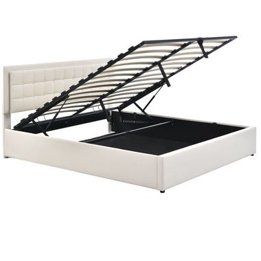 REDOM Polsterbett Leder Doppelbett Bett Funktionsbett Hydraulisch mit LED Leuchte (mit Stauraum, Massivholzbett), Weiß, ohne Matratze/mit Matratze, 140×200cm/160×200cm/180×200cm