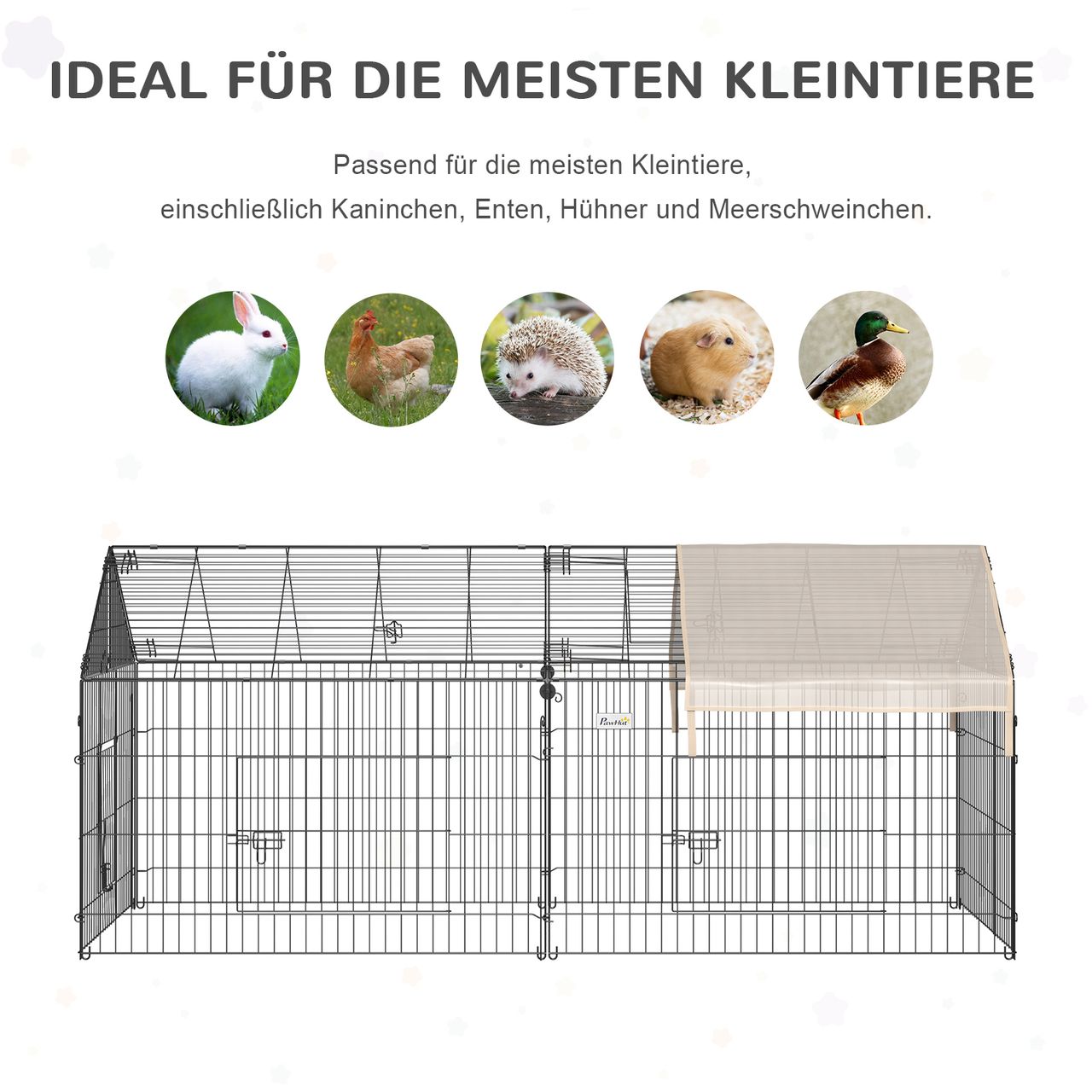 PawHut Freigehege Freilaufgehege Hasenkäfig mit Sonnenschutz Metall Beige Schwarz 220 x 103 x 103 cm