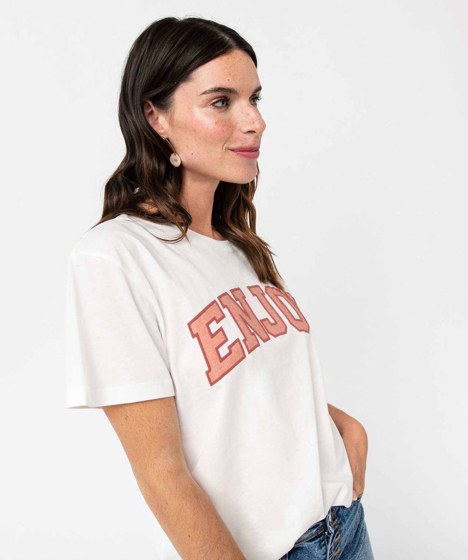 Tee-shirt à manches courtes avec message pailleté femme blanc | GEMO