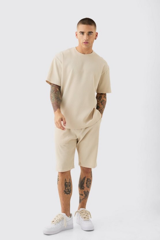 Textured Pleated Oversized Tee & Short Set