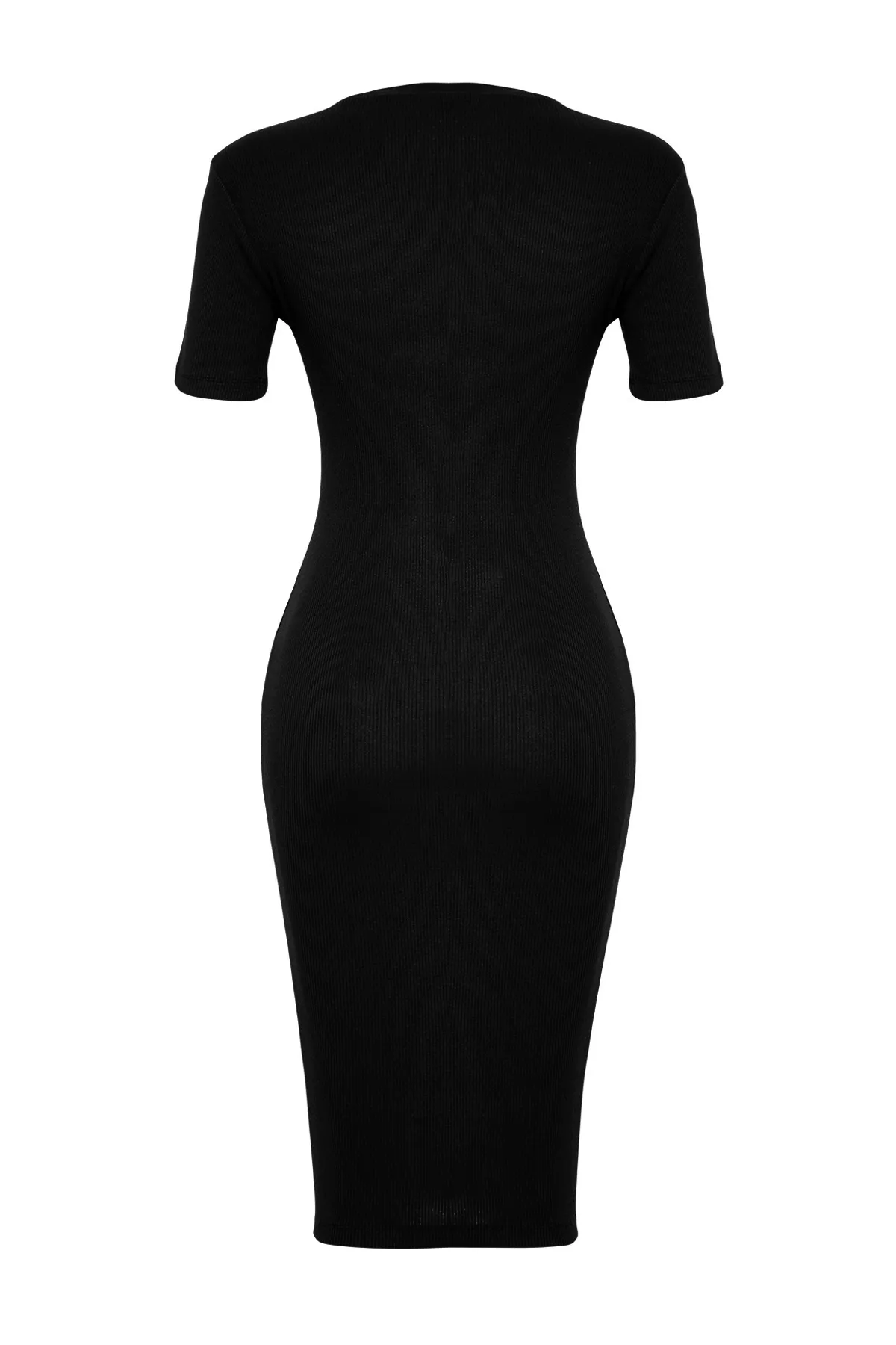 Trendyol Collection  Schwarzes, geripptes, dehnbares Strick-Midi-Bleistiftkleid mit Rundhalsausschnitt TWOSS24EL00486