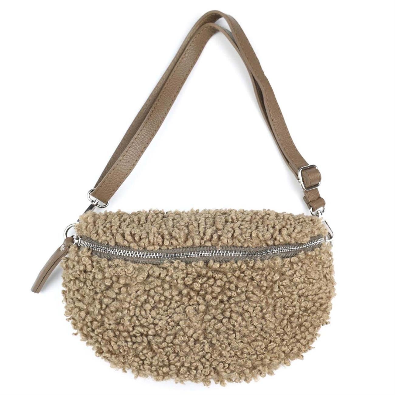 ITALYSHOP24 Bauchtasche Damen Teddyfell Plüsch Hüfttasche CrossBody Leder, als Schultertasche, Gürteltasche, Umhängetasche tragbar