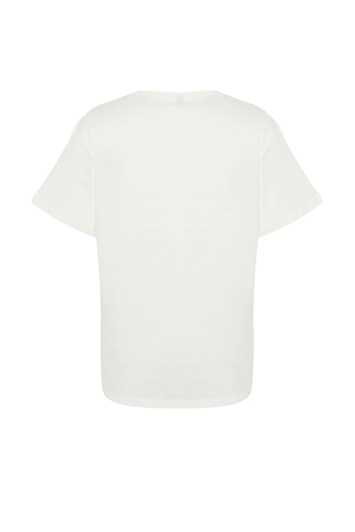Trendyol Collection  Ecru, 100 % Baumwolle, Oversize/Weite Passform, V-Ausschnitt, Strick-T-Shirt TWOSS23TS00003