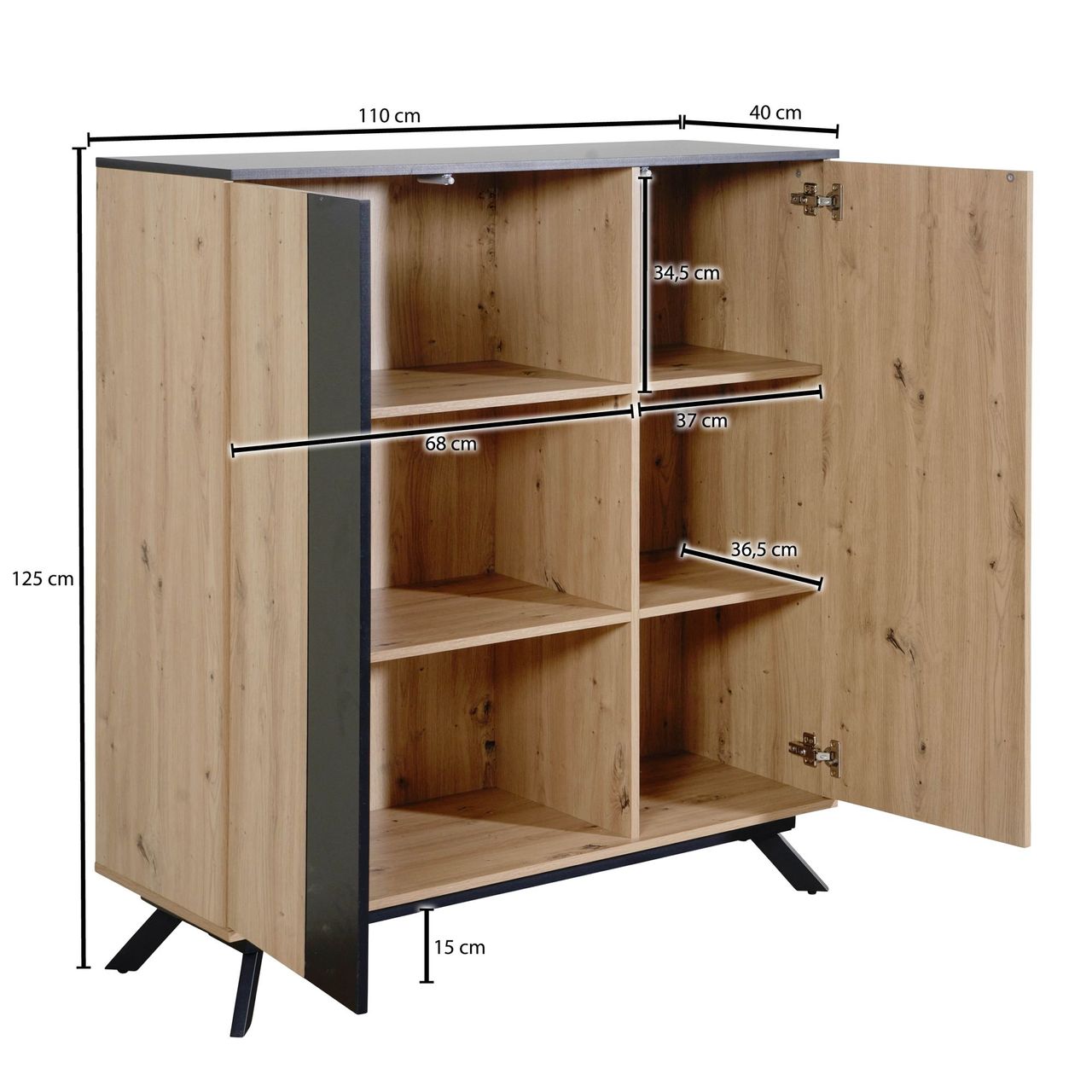 Skyport WOHNLING Highboard 110x125x40 cm MDF Sideboard Eiche Dekor Kommode Anrichte