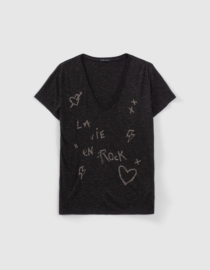 Tee-shirt noir pailleté message perles brodées Femme