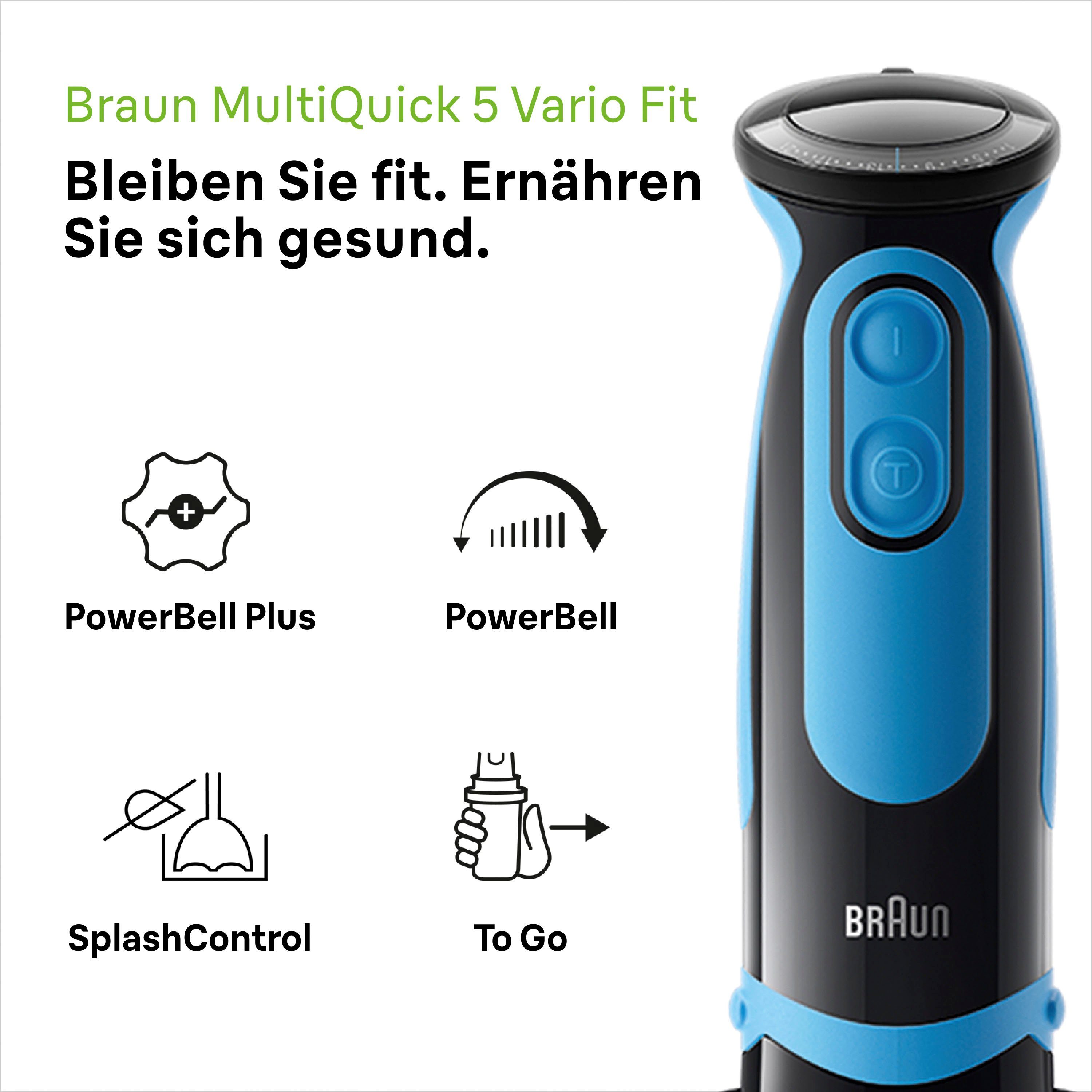 Braun Stabmixer MQ 5252 BKBL MultiQuick 5 Vario, 1000 W, mit Smoothie2Go Funktion und EasyClick System, Schwarz/Blau