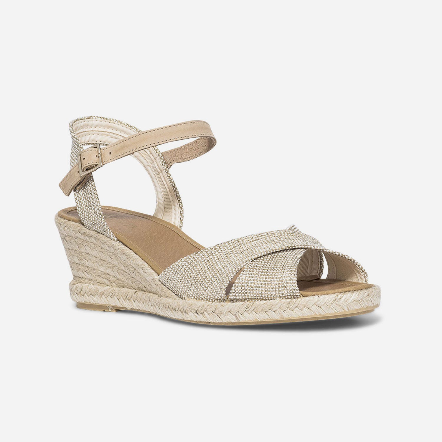 Sandale compensée beige pailleté or