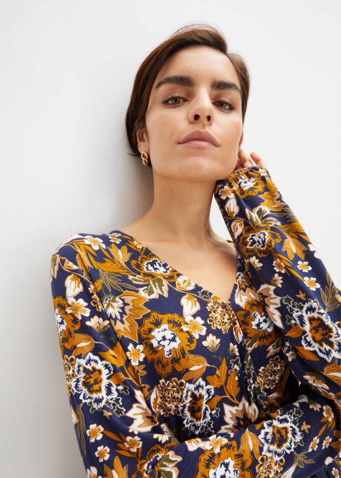 Jerseykleid mit V-Ausschnitt und Bindeband