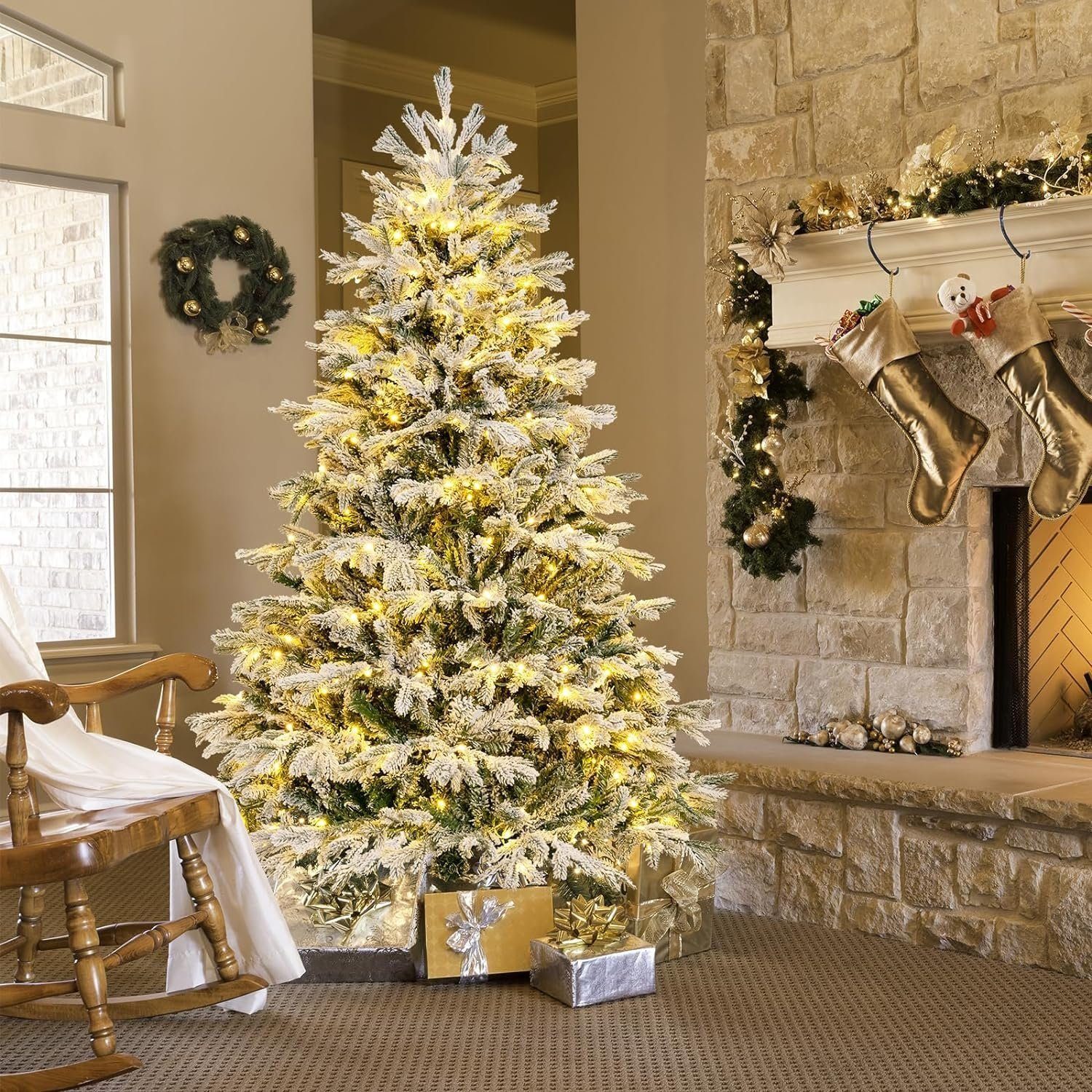 JUNG Künstlicher Weihnachtsbaum Künstlicher Spritzguss Weihnachtsbaum mit Beleuchtung + Schnee 1,80m, Edeltanne, Nordmanntanne Premium Edel, Baum Tanne, Christbaum + Ständer Weihnachtsbäume künstlich mit Licht Nordmann