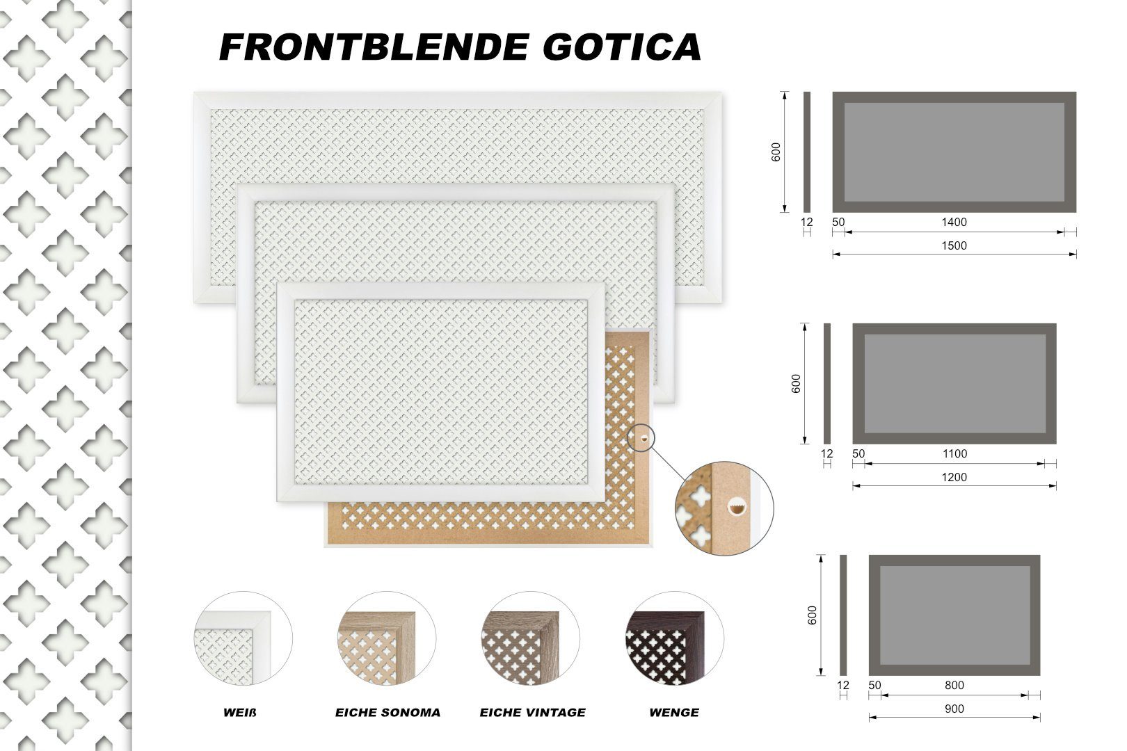Hexim Heizungsverkleidung, Heizkörperverkleidung Gotica Lüftungsgitter, 90/120/150x60cm Holz MDF (90 cm Frontblende) Verkleidung alte Heizkörper Abdeckung
