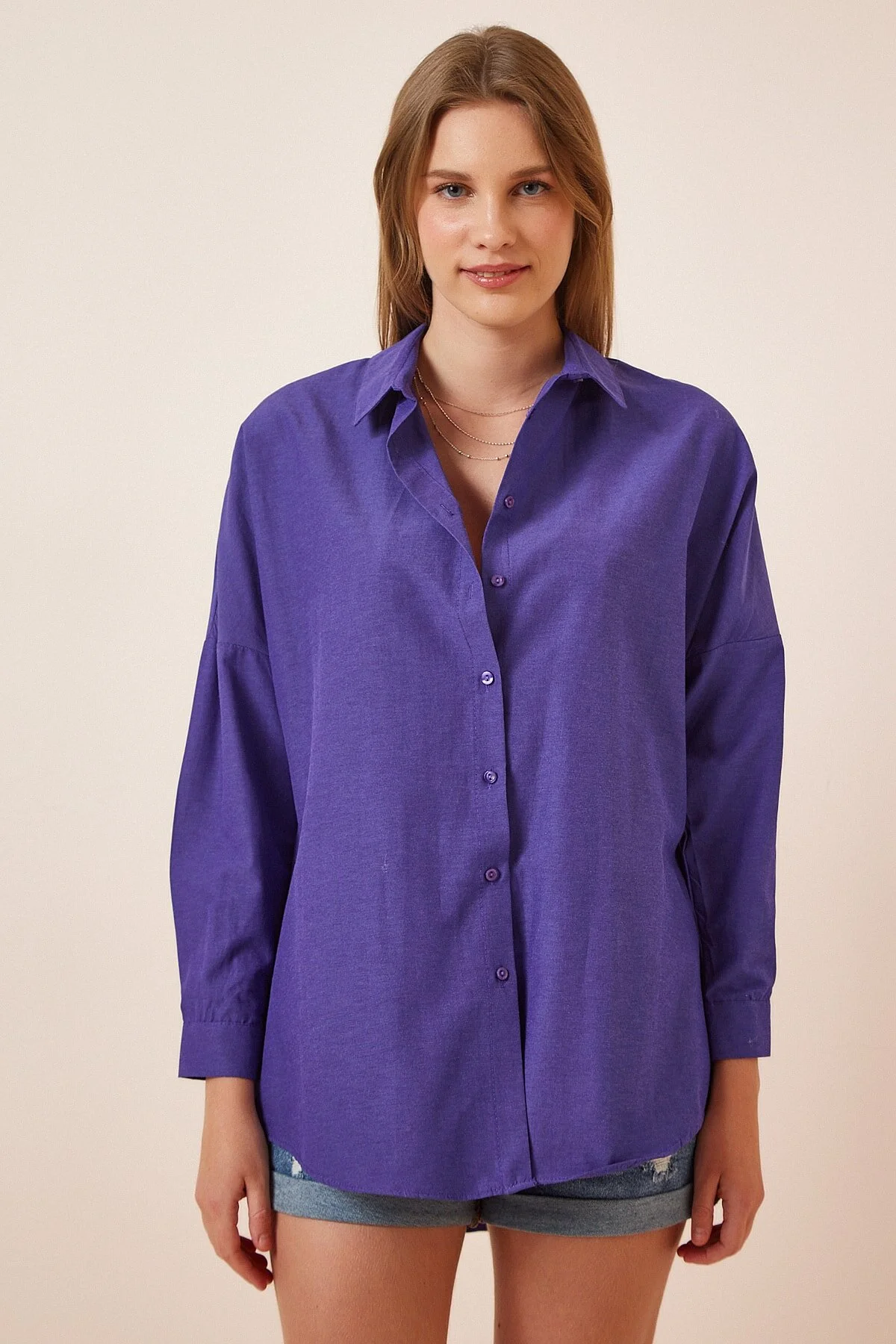 Happiness İstanbul  Lila Oversize-Lang-Basic-Shirt für Damen DD00842