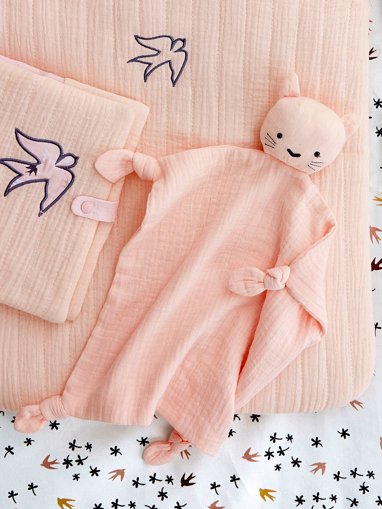 Doudou en gaze de coton + hochet rond rose