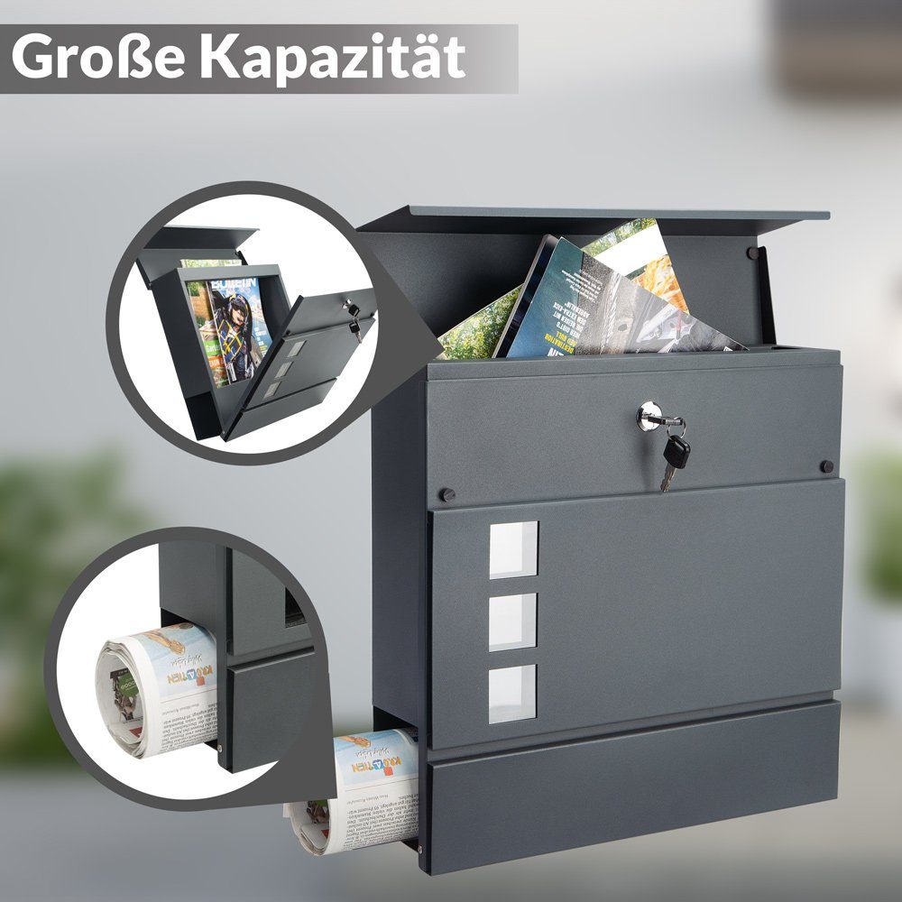 monzana Wandbriefkasten, Design Stahl mit Zeitungsfach Sichtfenster 2 Schlüssel