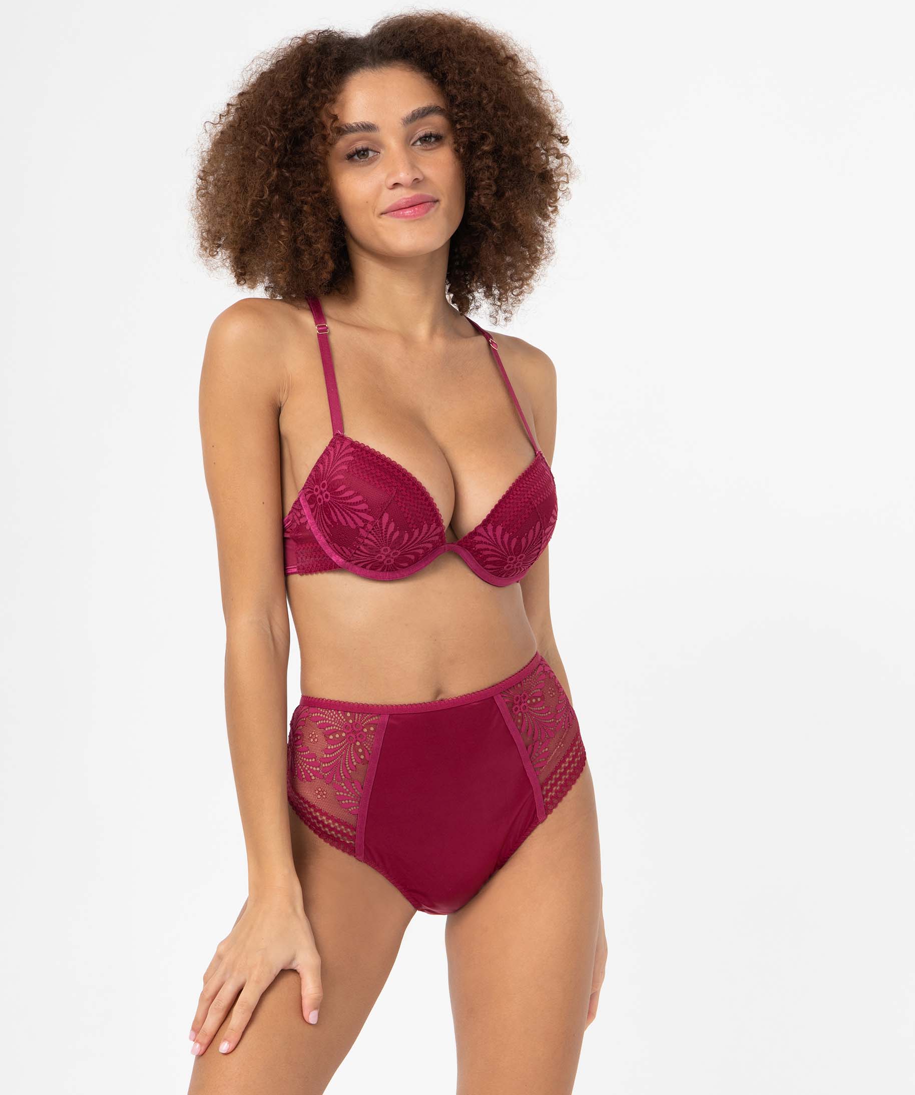 Culotte femme taille haute en microfibre et dentelle rouge | GEMO