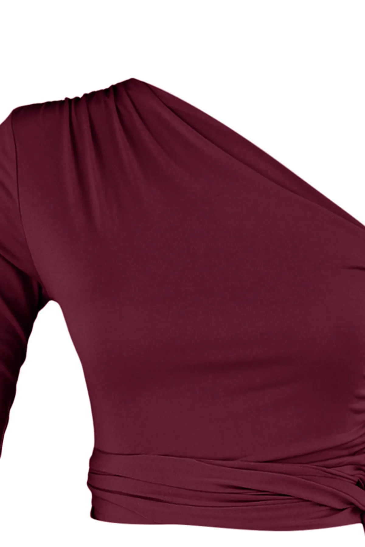 Trendyol Collection  Weinrote, schmal geschnittene, elastische Strickbluse mit einem Ärmel und detailliertem Bindeband TWOAW23BZ00094
