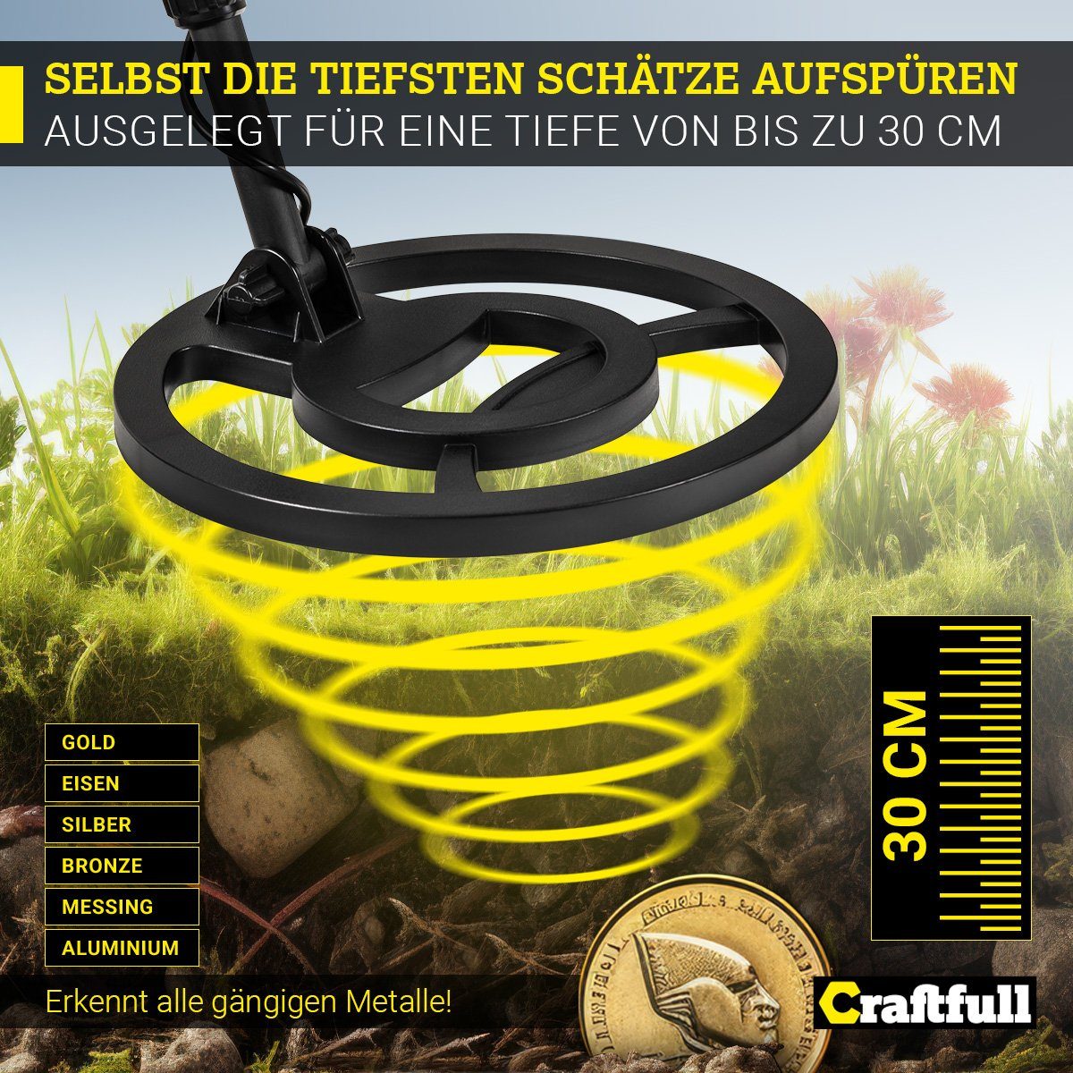 Craftfull Metalldetektor Metallsuchgerät Detector Komplettset XPlorer Pro inkl. Transporttasche, mit Gürtel-Tasche, Sondeln bis 30 cm Tiefe, 5 Modi, großes LCD-Display