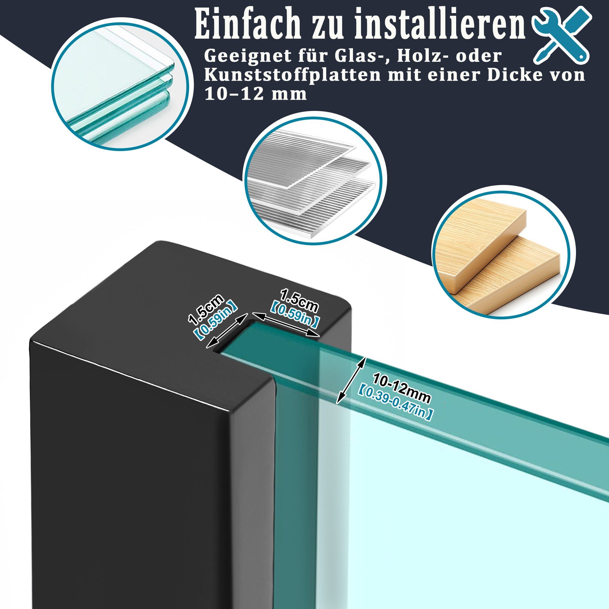 AUFUN Zaun Glas Geländerpfosten Glashalter Edelstahl Silber Glasklemme, 10-12mm, (Glas-Geländerpfosten, Glas-Balustradenpfosten), Sichtschutz, Windschutz für Gehärtetes Glas Werden 85cm / 95cm