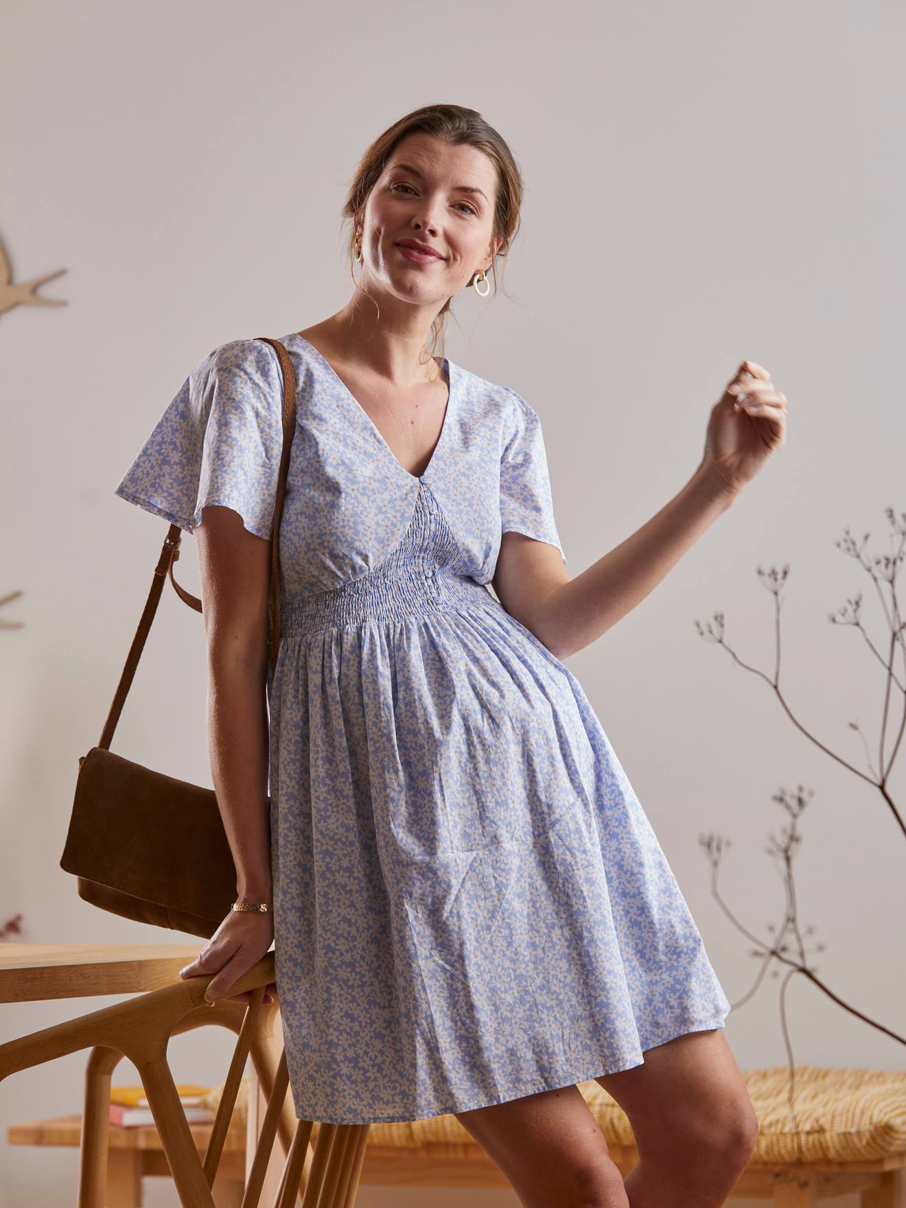 Robe courte en crêpe imprimé grossesse et allaitement rose imprimé