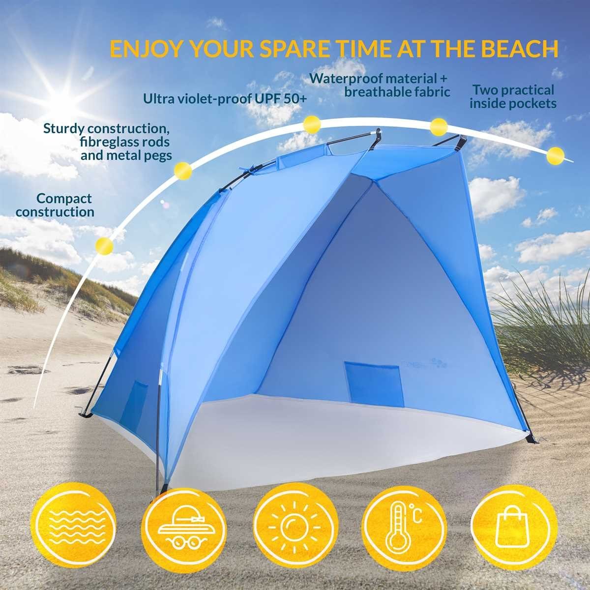 TRESKO Strandmuschel, Strandzelt inkl. Tragetasche, Strandmuschel mit UV Schutz 50+, Kleines Packmaß, Wasserdicht und atmungsaktiv