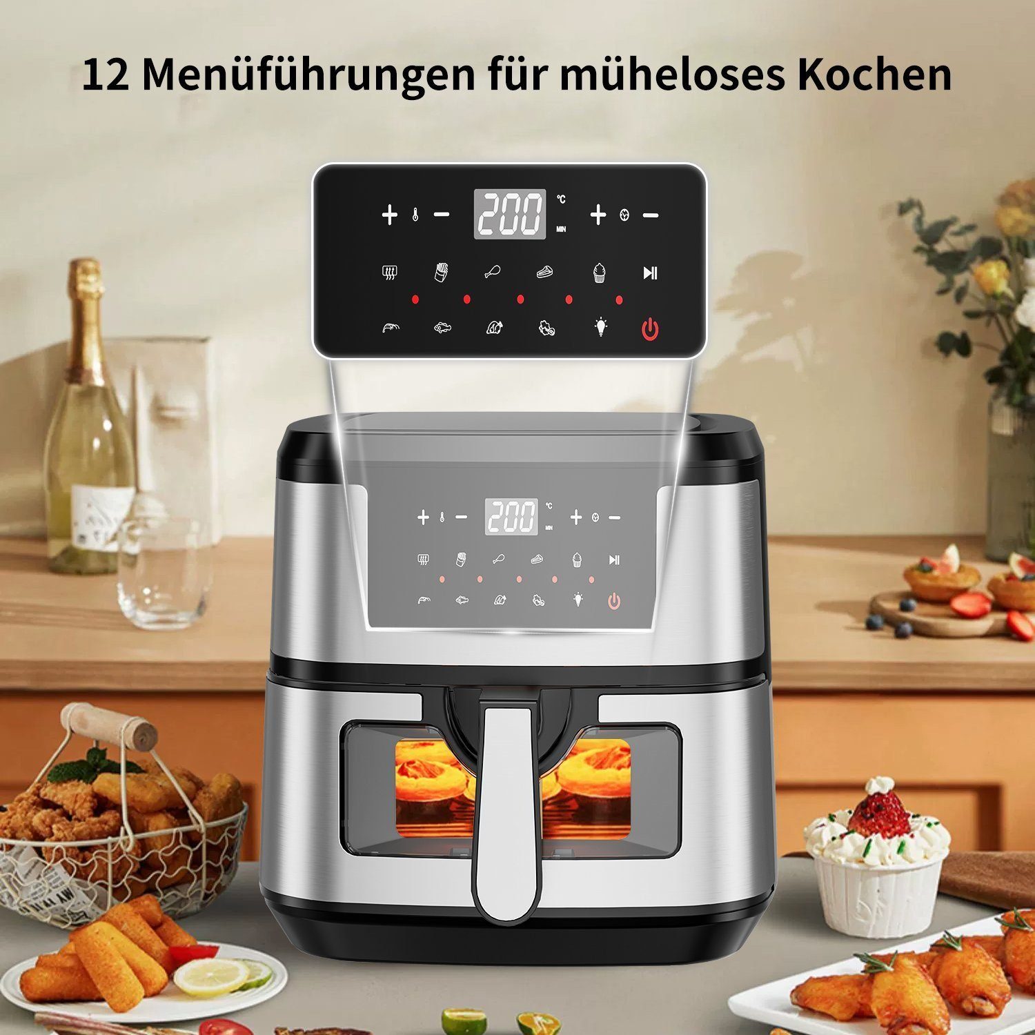 Yaviel Heißluftfritteuse 8L/9.7L Heizluft Fritteuse XXL Air Fryer Ohne Öl LED Touchscreen, 1600,00 W, Airfryer Einstellbare Zeit/Temperaturregelung 12 Programmen für Braten