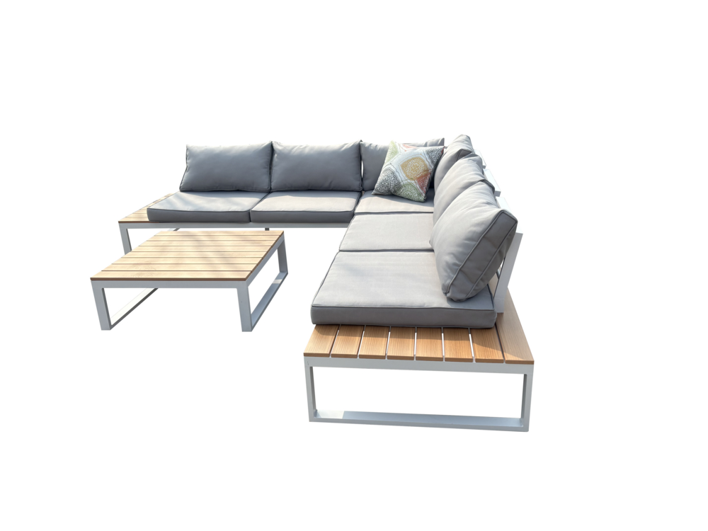 Happy Home Happy Home 14 tlg. Loungeset aus Aluminium inkl. Auflagen HGS64-HGR hellgrau mit Holzoptik