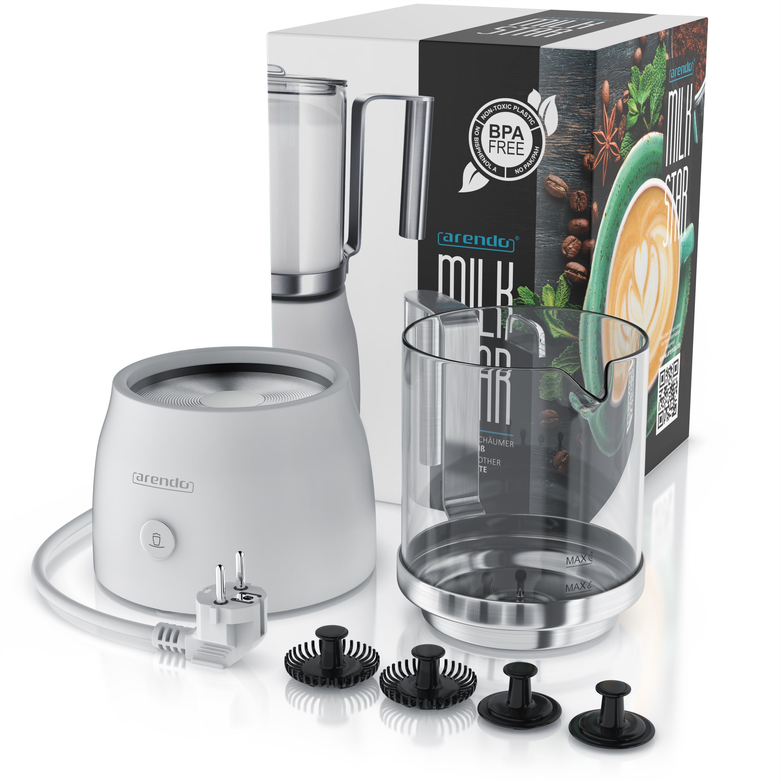 Arendo Milchaufschäumer, 600 W, inkl. abnehmbaren Glasaufsatz, 6 Funktionen, leise & Stromsparend