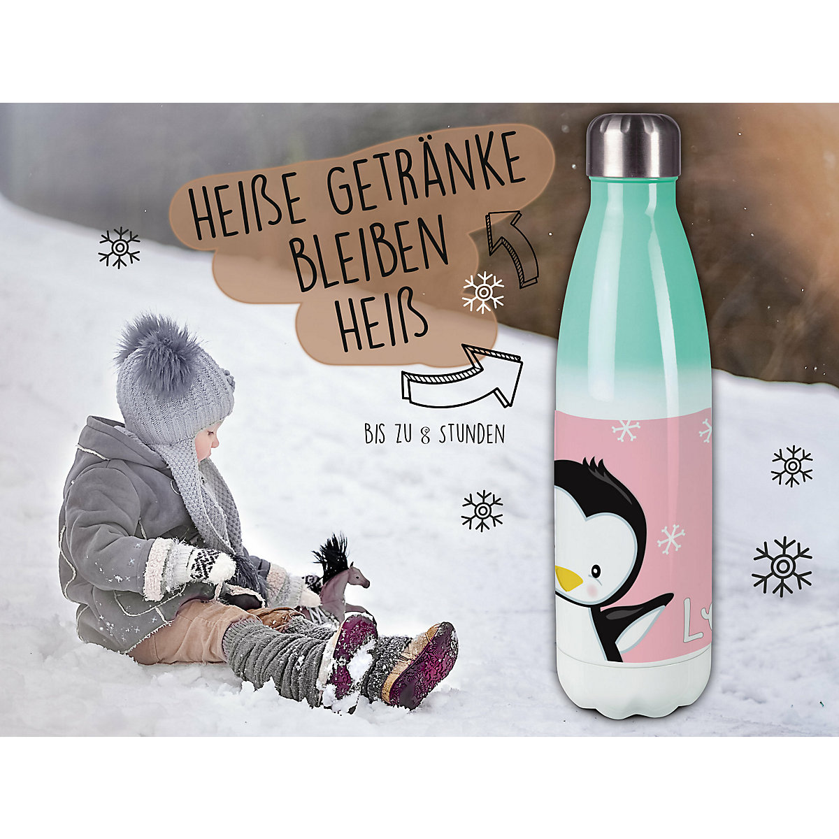 Edelstahl Kinder Thermoflasche / Trinkflasche bunt Pinguin Farbe rosa Spülmaschinenfest, Auslaufsicher, Bruchfest, Doppelwandig, Für Heißgetränke geeignet, Mit Deckel, Isoliert