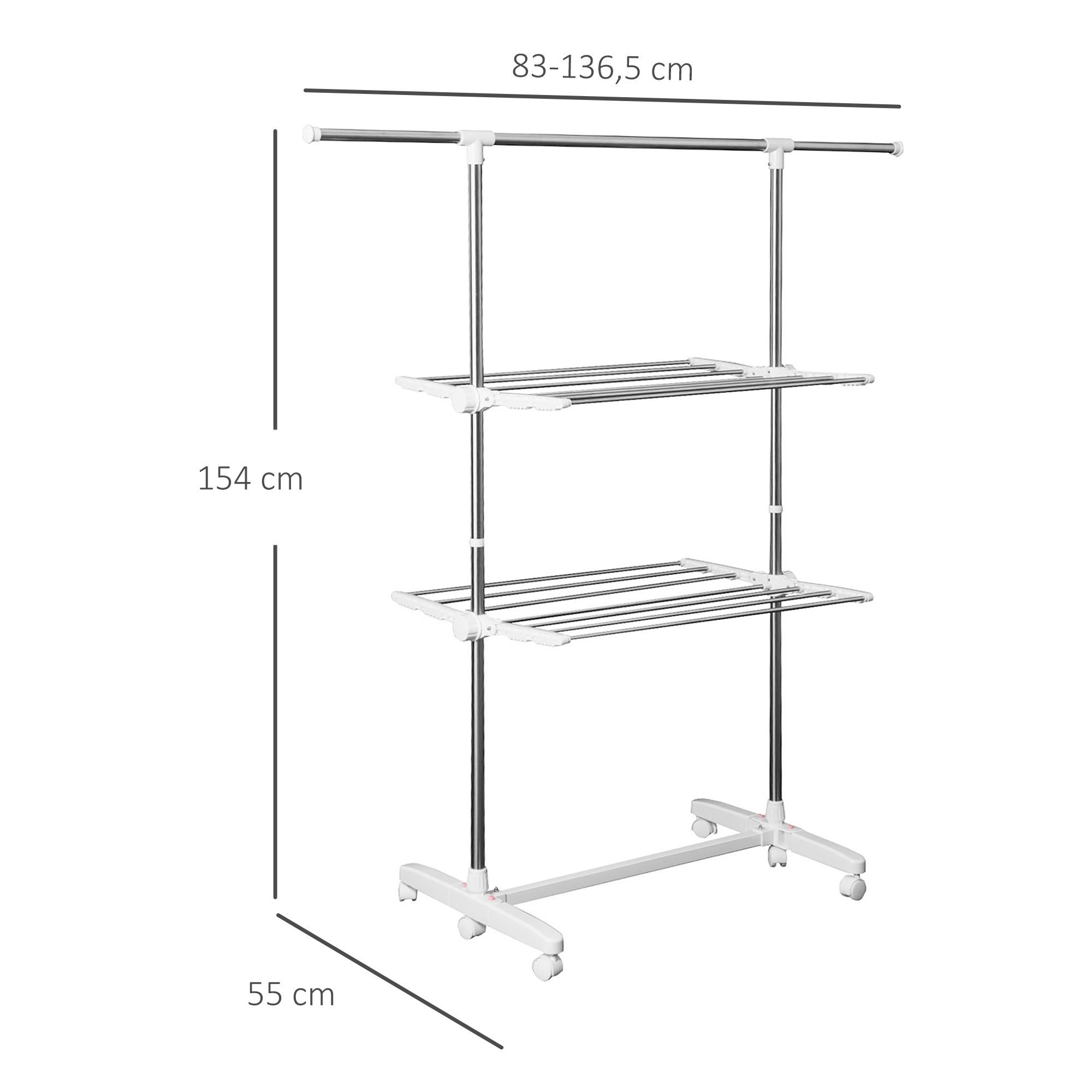 HOMCOM Wäscheständer, Mobiler Wäschetrockner-Turm Seitenflügel 2 Ebenen Klappbar