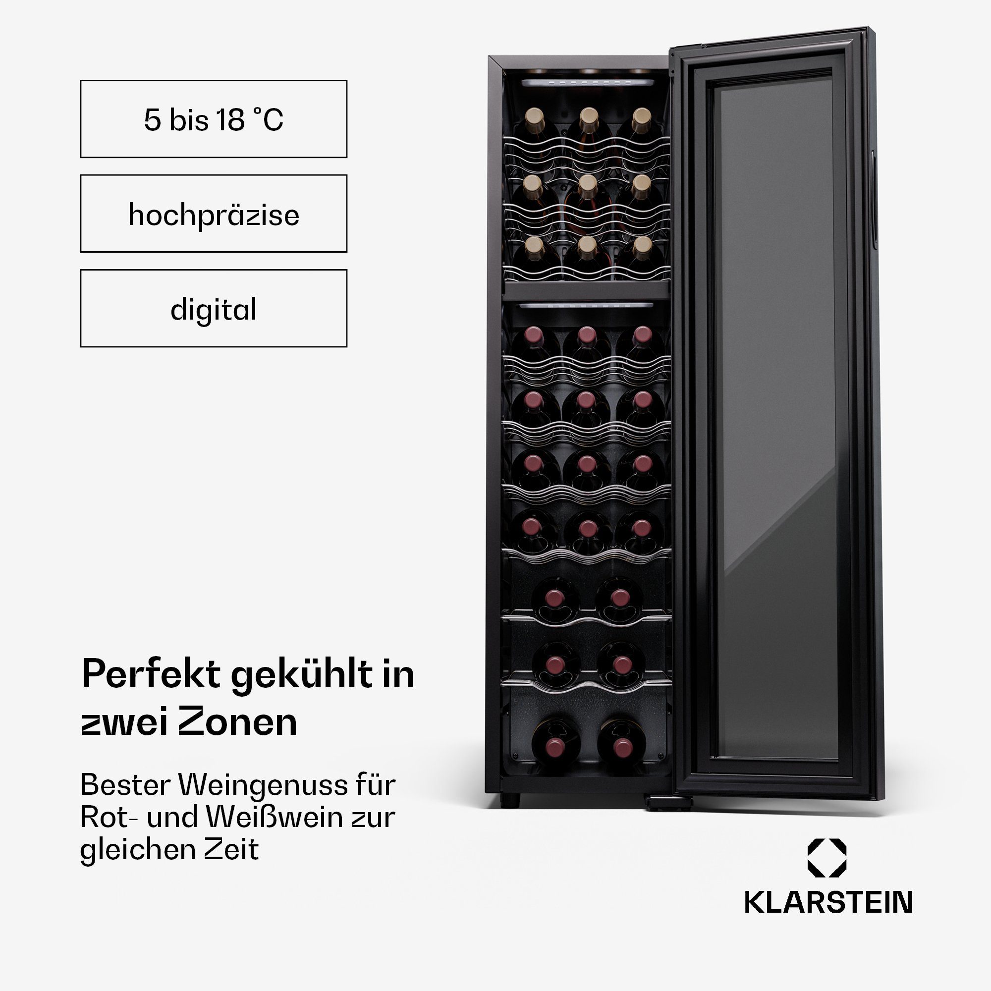 Klarstein Weinkühlschrank Shiraz 27 Duo, für 27 Standardflaschen á 0,75l,Wein Flaschenkühlschrank Weintemperierschrank Weinschrank Kühlschrank