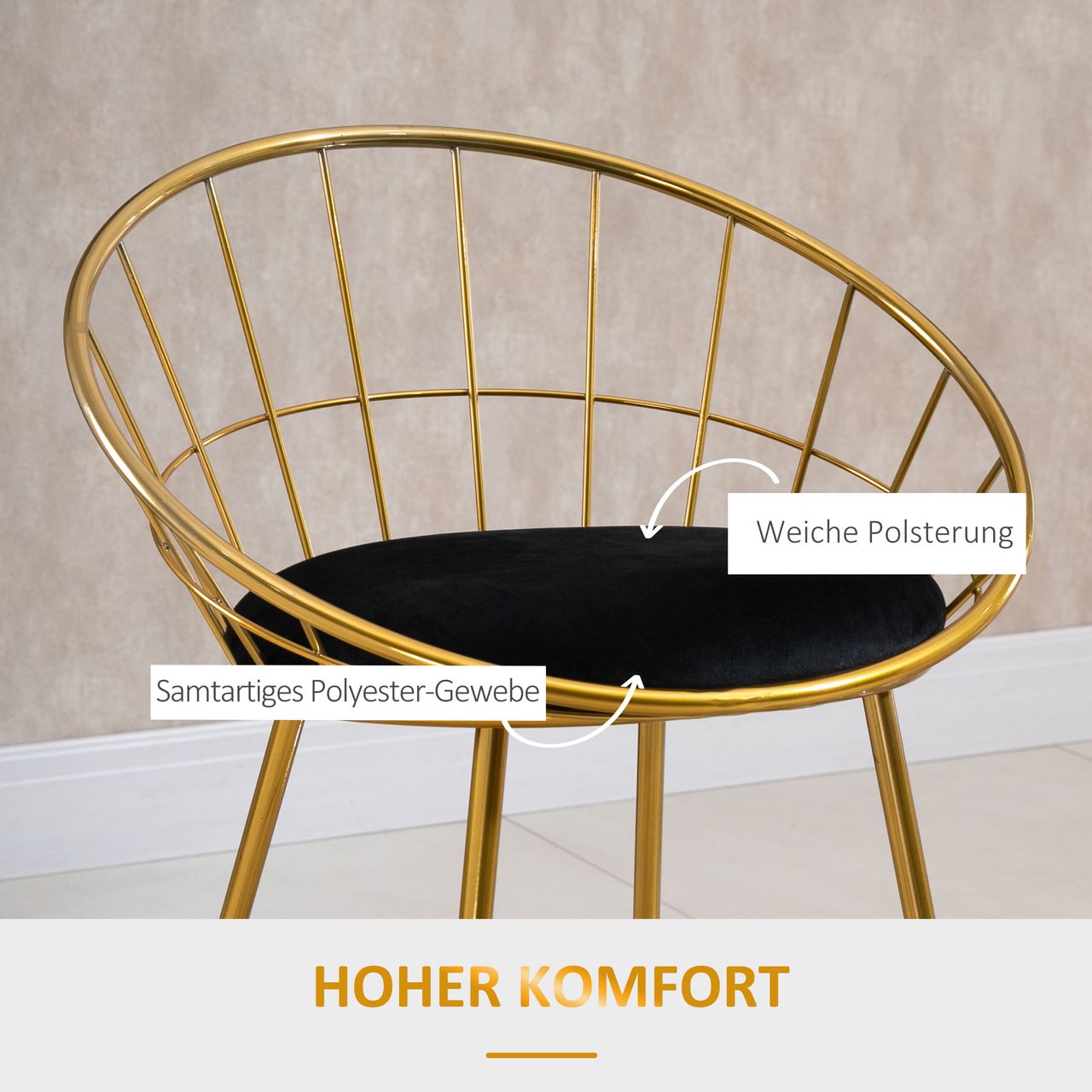 HOMCOM 2er-Set Barhocker mit Rückenlehne Bistrohocker Barstuhl Metall Gold