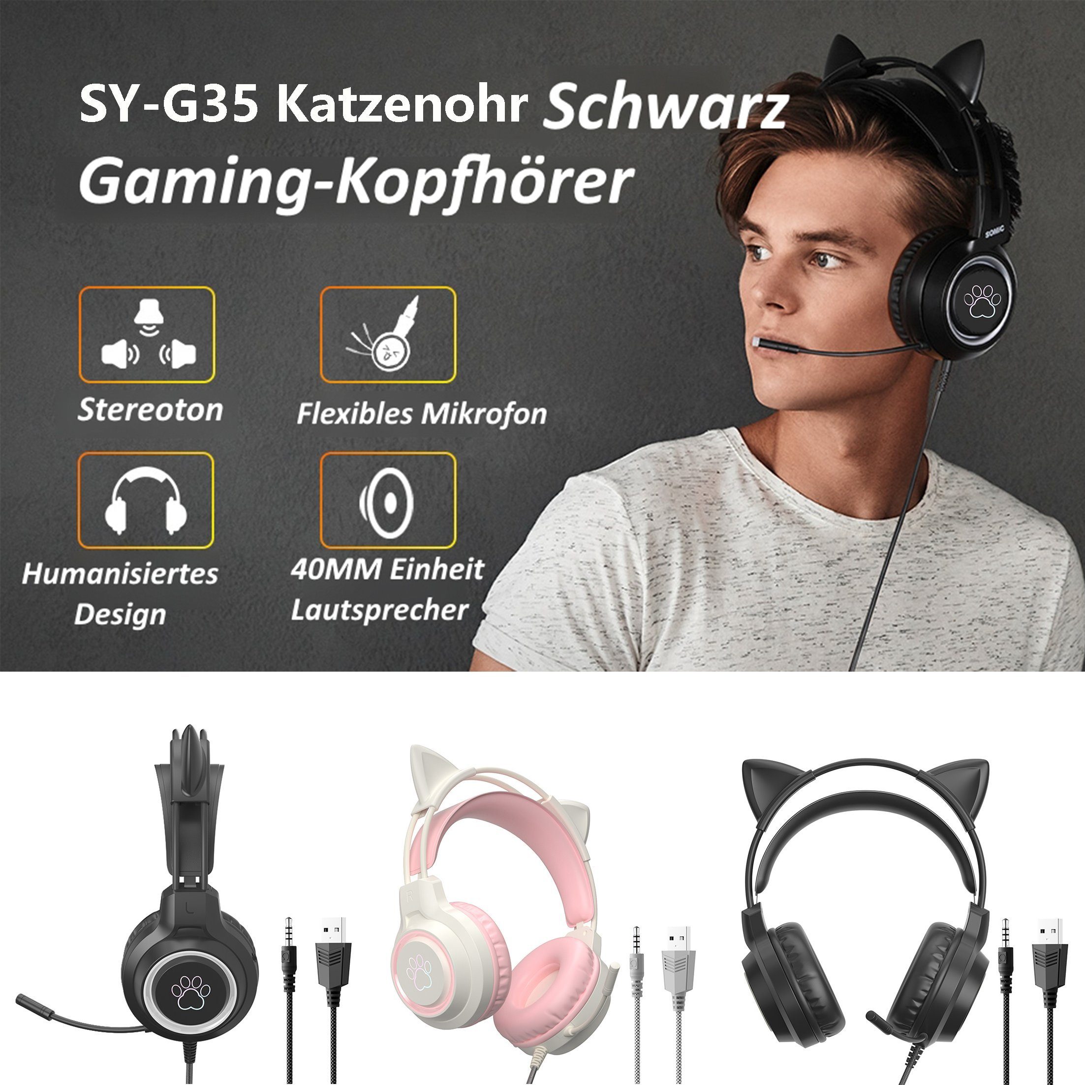 Diida Gaming-Headsets,Kopfhörer mit Geräuschunterdrückung für Katzenohren Gaming-Headset (Stereo, Abnehmbare Katzenohren, Klappbar)
