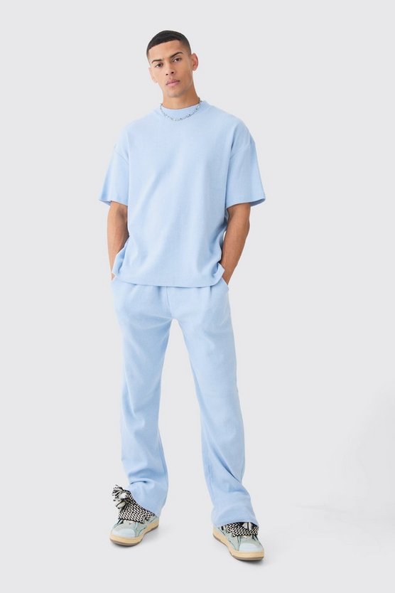 Geripptes Ottoman T-Shirt & Jogginghose mit geteiltem Saum