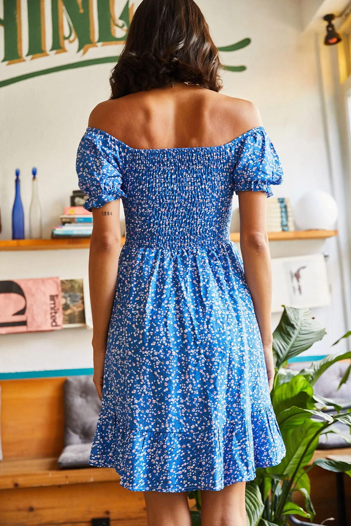 Olalook  Saks Blue Gimped Collar Tie-up Flared Dress für Damen ELB-19001190
