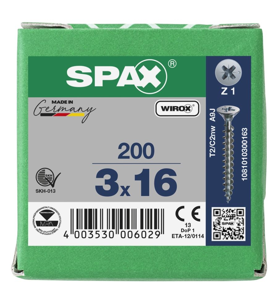 SPAX 1081010300163 Universalschraube 3 x 16 mm, Vollgewinde, Senkkopf, Kreuzschlitz Z1 – 200 Stück