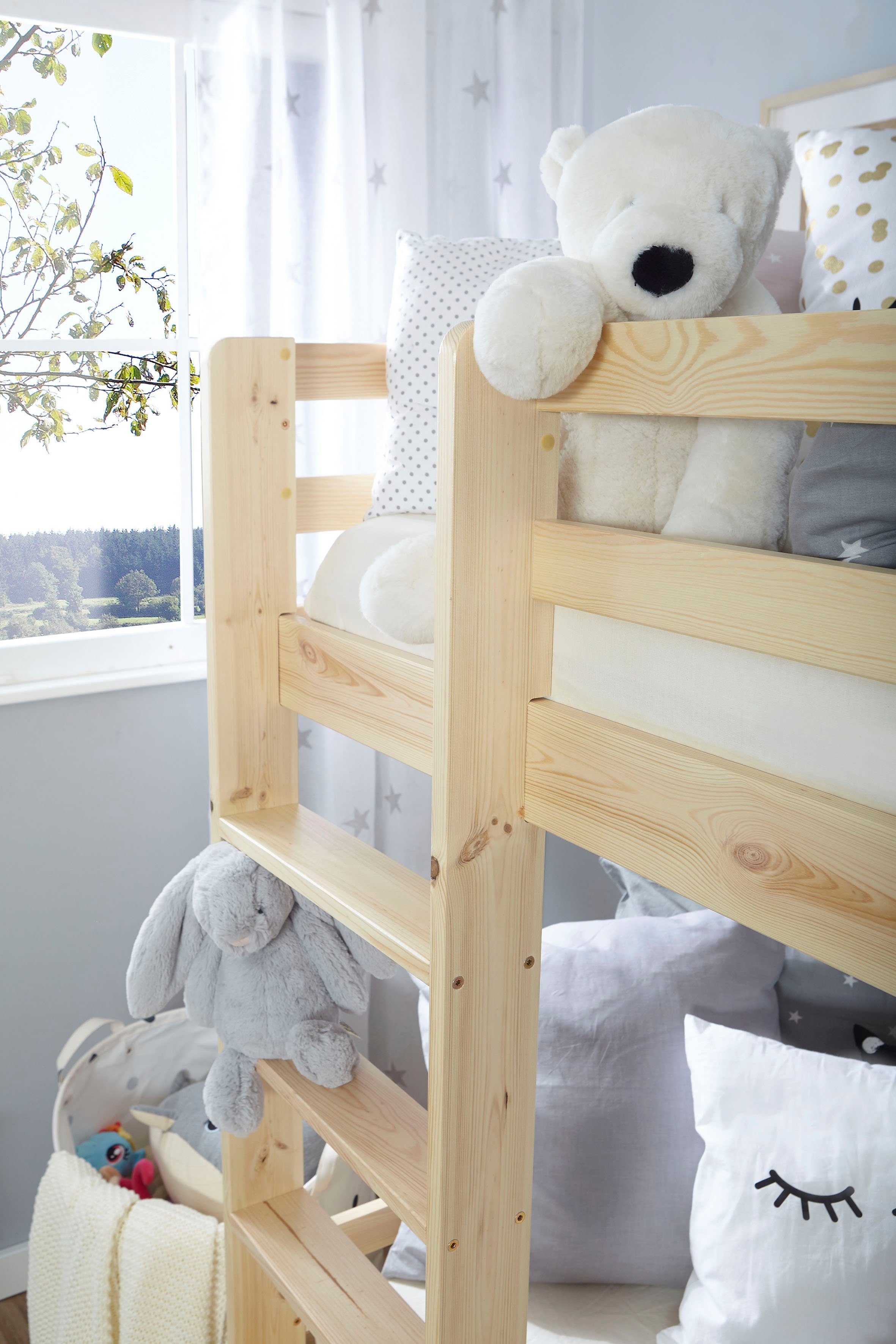 Ticaa Etagenbett René, Hochbett, TOPSELLER! In 2 Farben, 90x200cm, FSC® zertifiziertes Massivholz, mit Trittleiter + Rundum-Absturzschutz