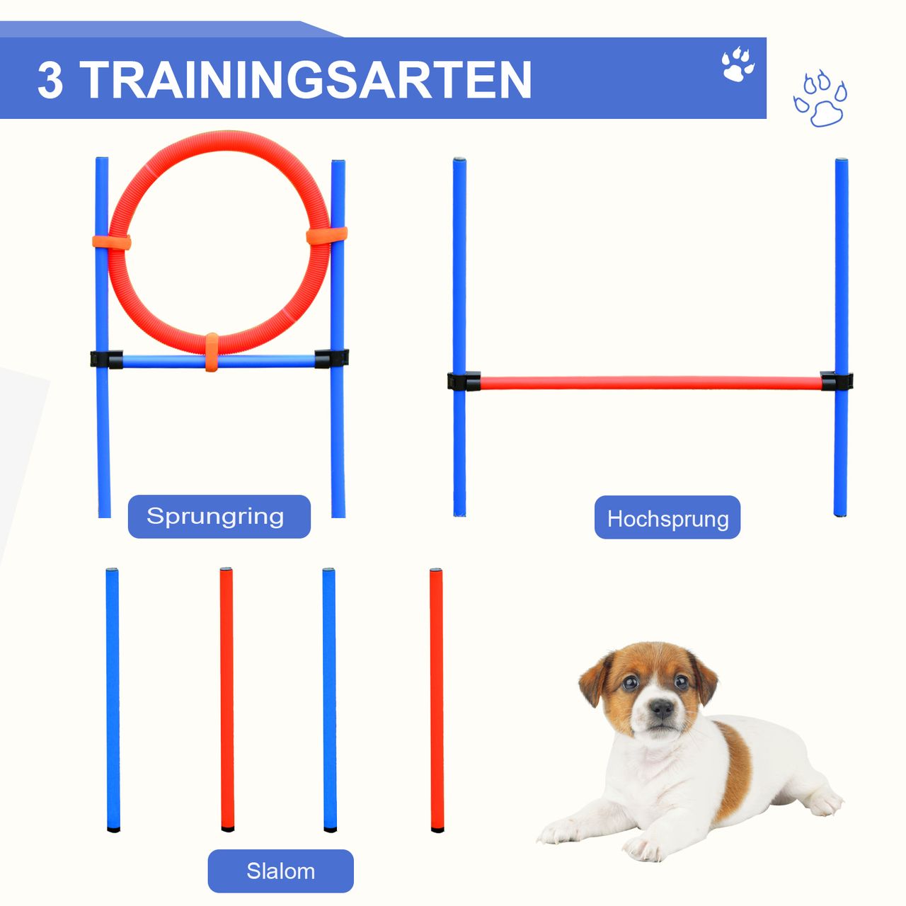 PawHut Agility-Übungs-Set Slalom-Hürden-Sprungring 3 in 1 Hundesport Trainingsplatz PE Blau Rot