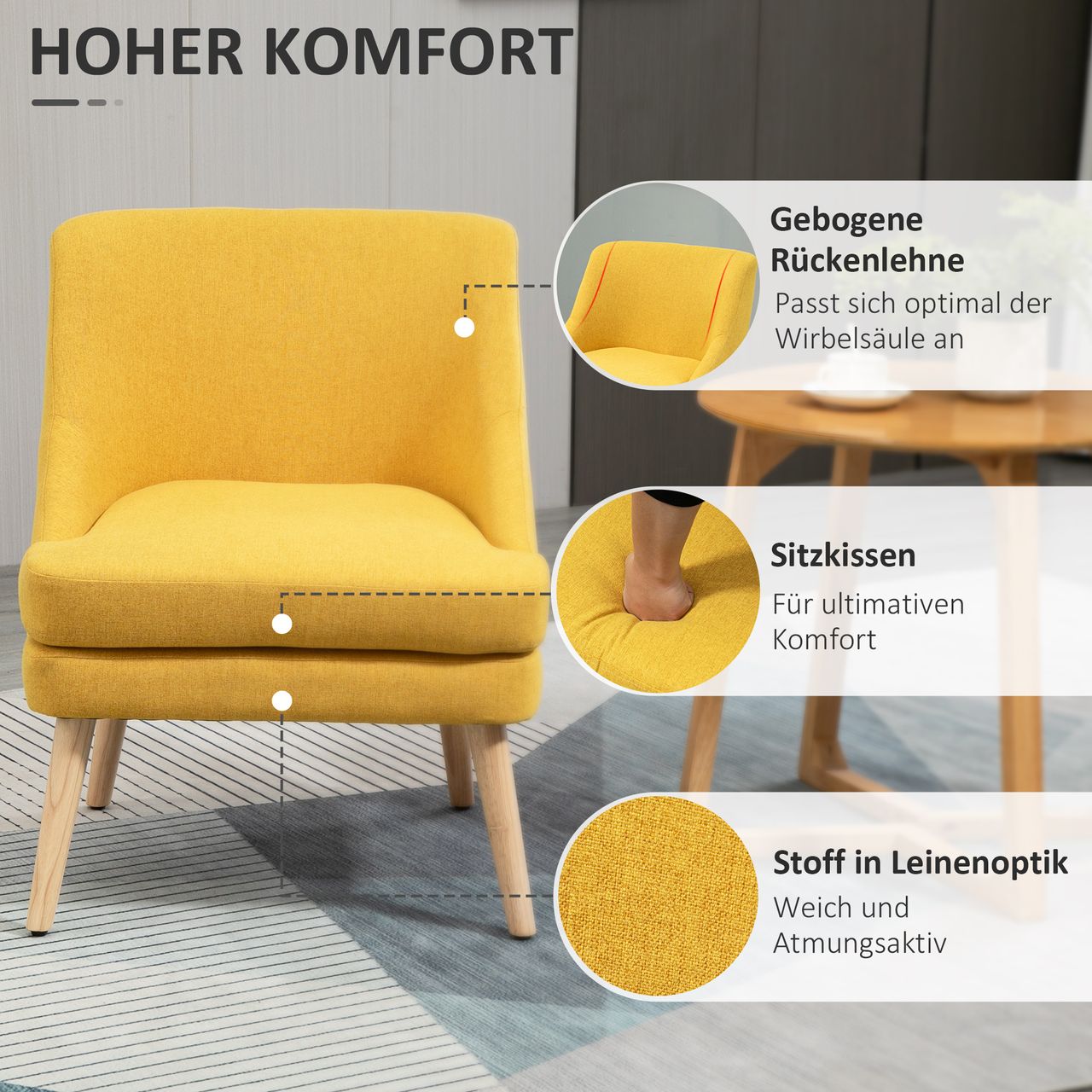 HOMCOM Esszimmerstuhl mit Armlehne Wohnzimmerstuhl Bürostuhl Polsterstuhl modern Leinen-Touch Holz Gelb 63 x 69 x 79,5 cm