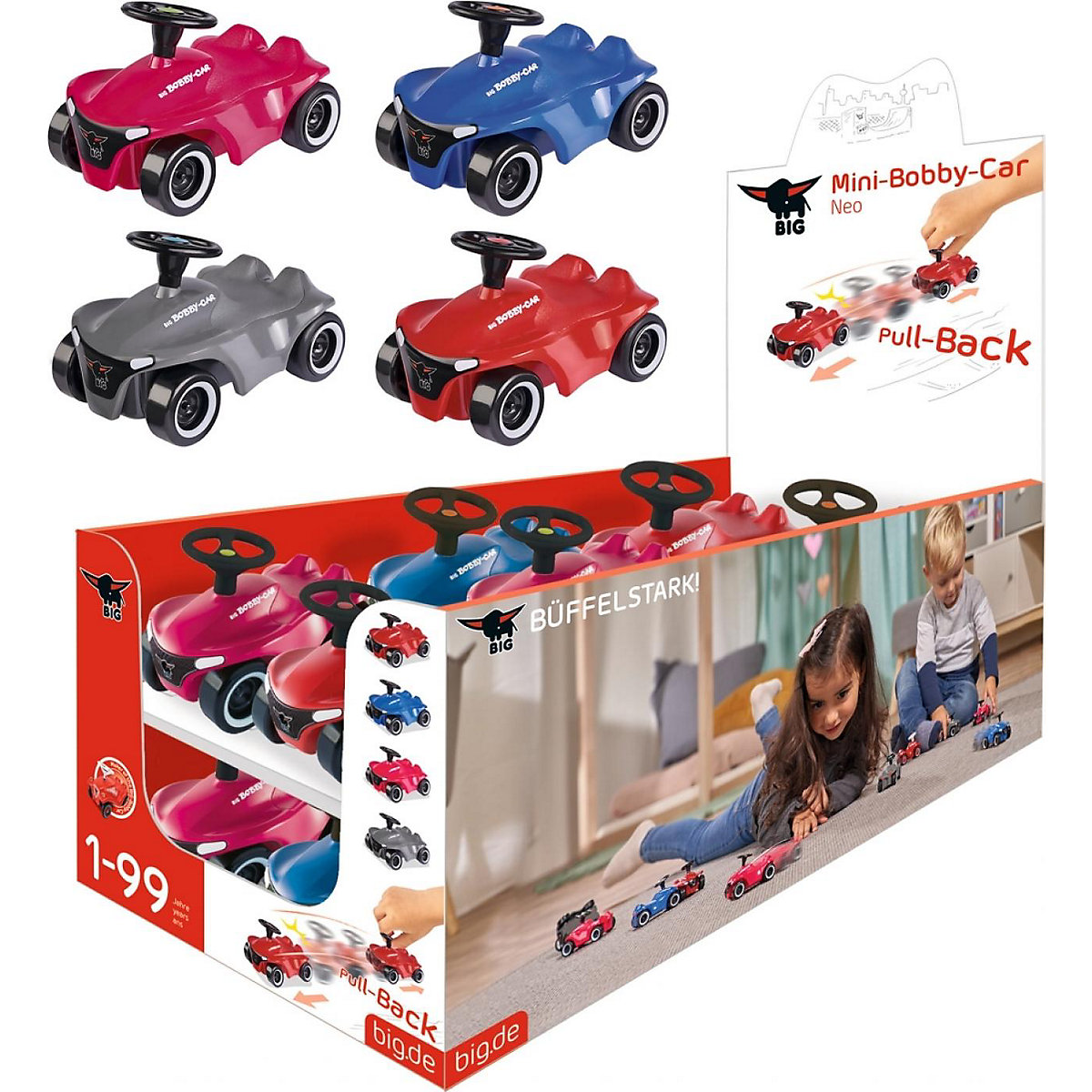 BIG Mini Bobby Car Neo, Miniaturausgabe mit Rückzugsmotor, 4-fach sortiert