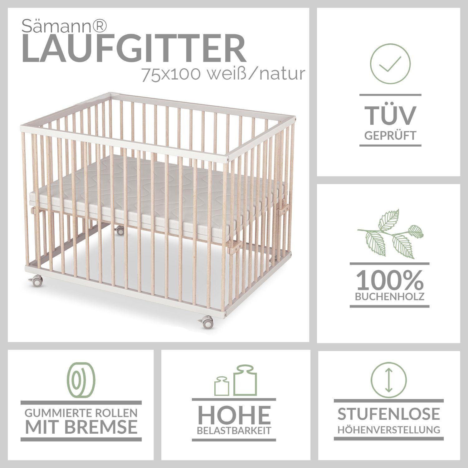 Sämann Laufgitter 75x100 cm mit Matratze, TÜV geprüft 2021