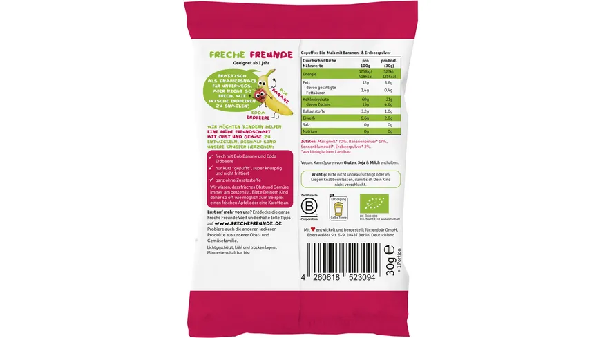 Freche Freunde Bio Knusper-Herzchen Banane & Erdbeere 30 g