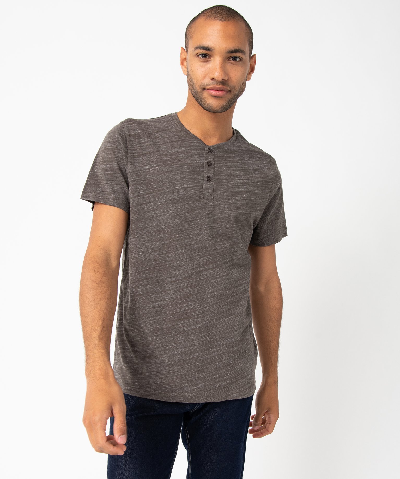 Tee-shirt homme col tunisien à manches courtes gris fonce | GEMO
